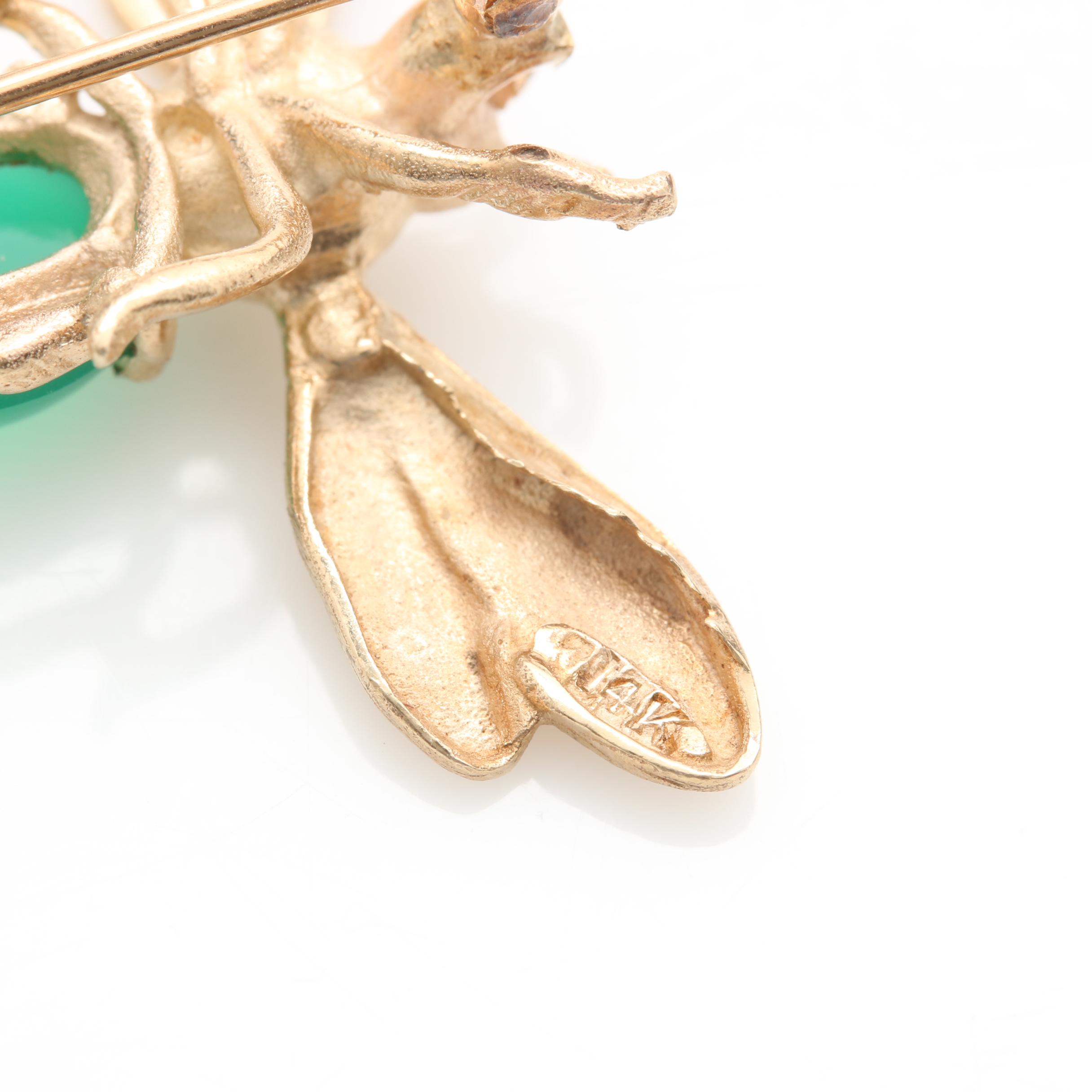 10K and 14K Yellow Gold Dyed Green Chalcedony Insect Brooch