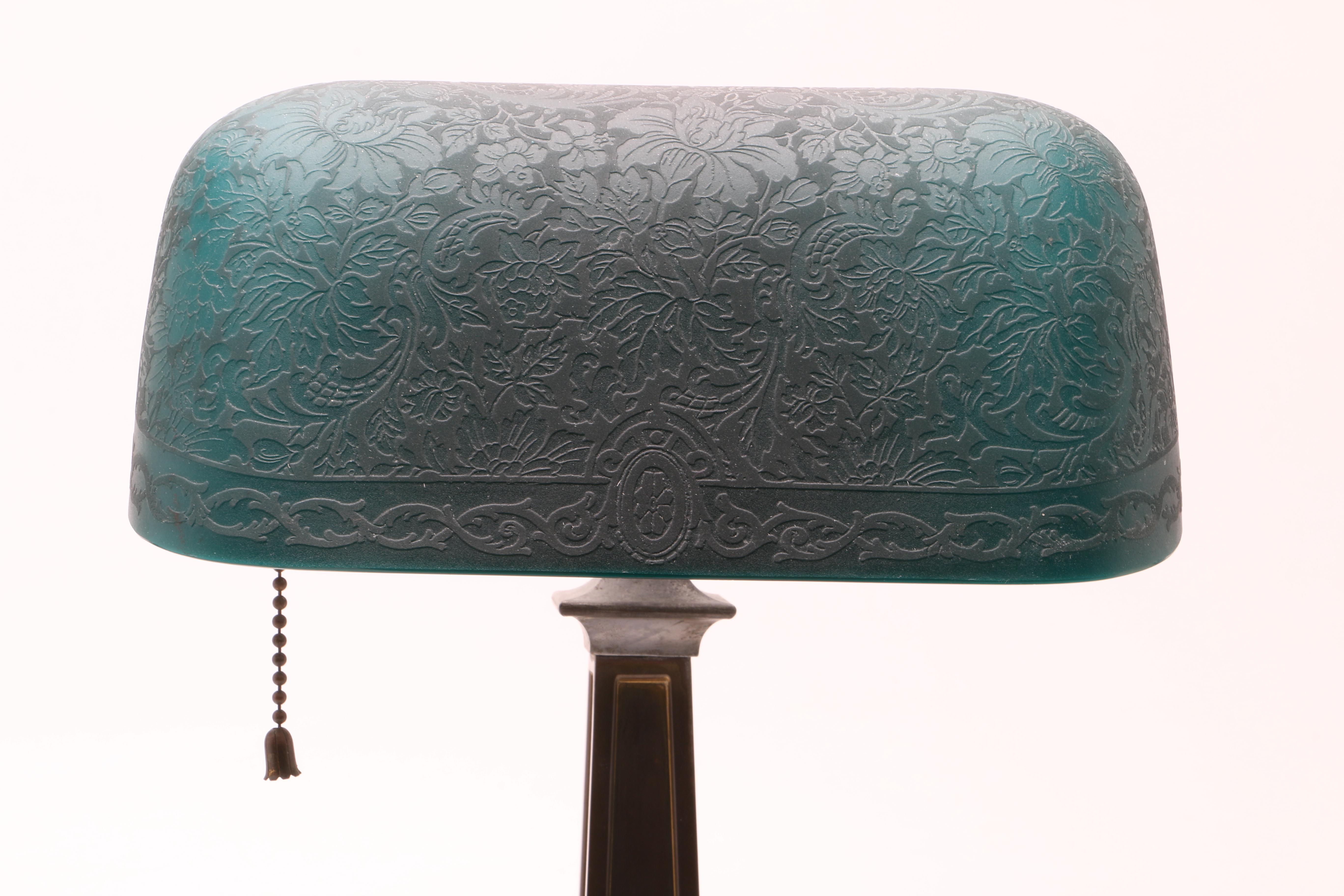 Vintage Emeralite Bankers Desk Lamp with Etched Green Glass Shade