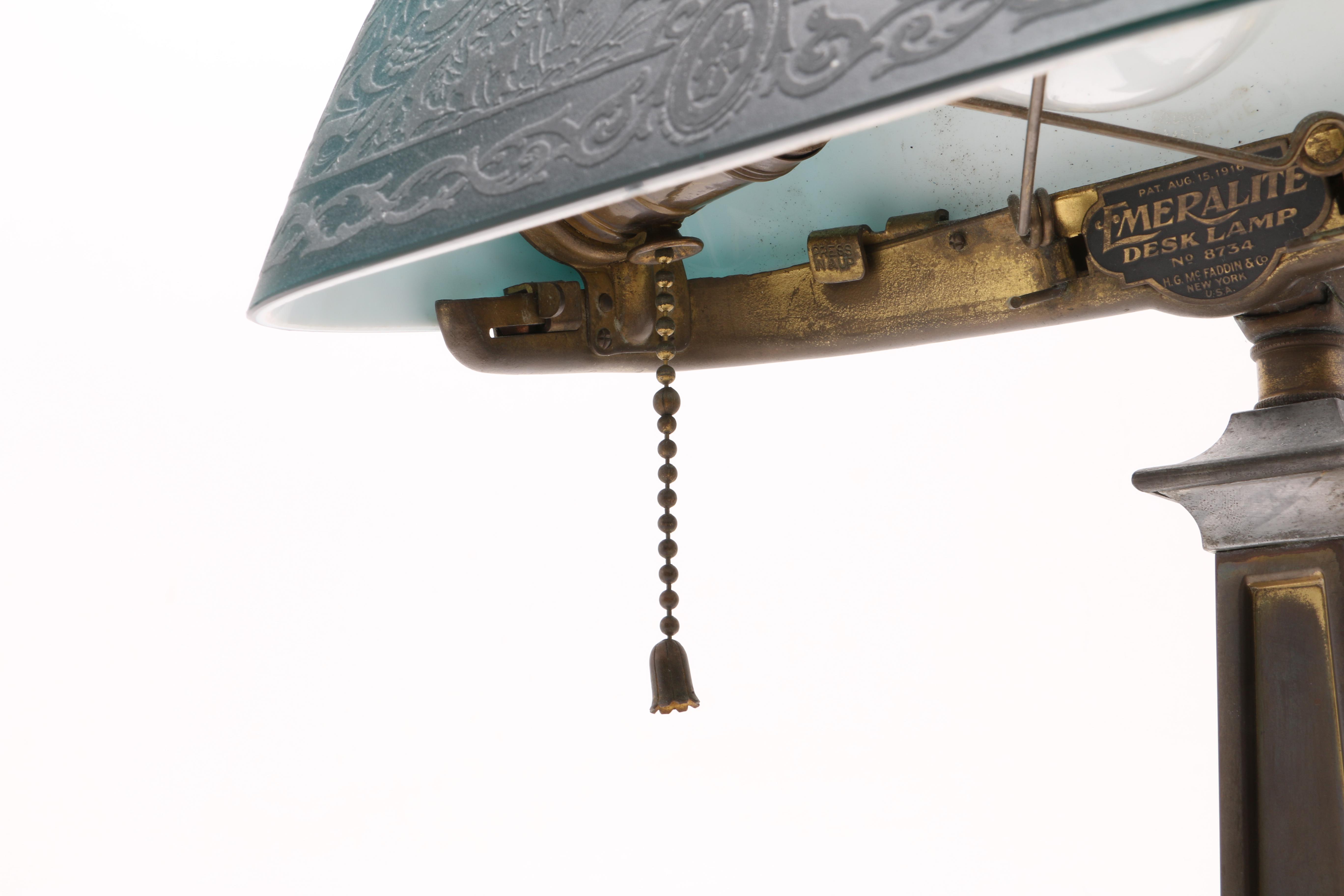 Vintage Emeralite Bankers Desk Lamp with Etched Green Glass Shade