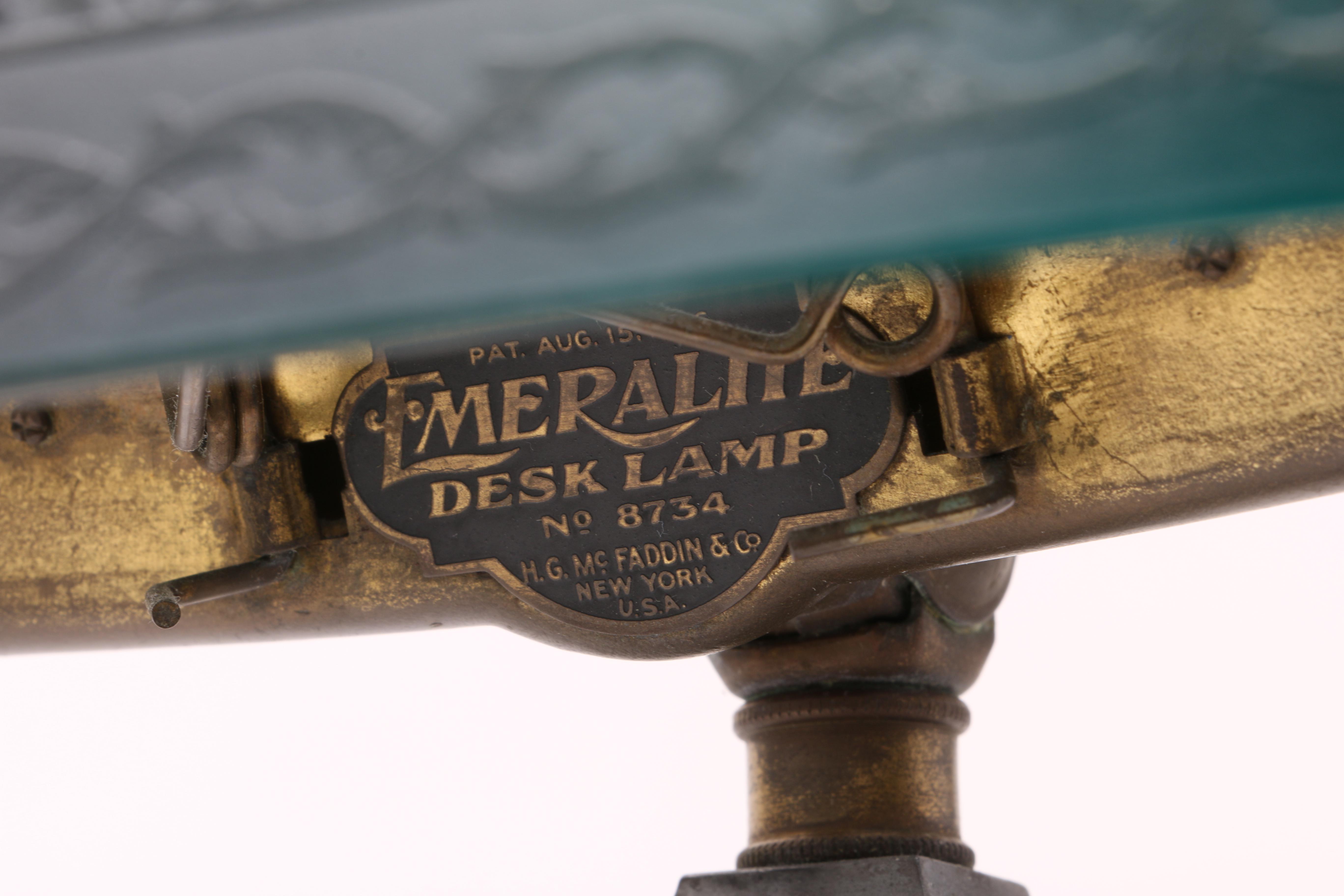 Vintage Emeralite Bankers Desk Lamp with Etched Green Glass Shade