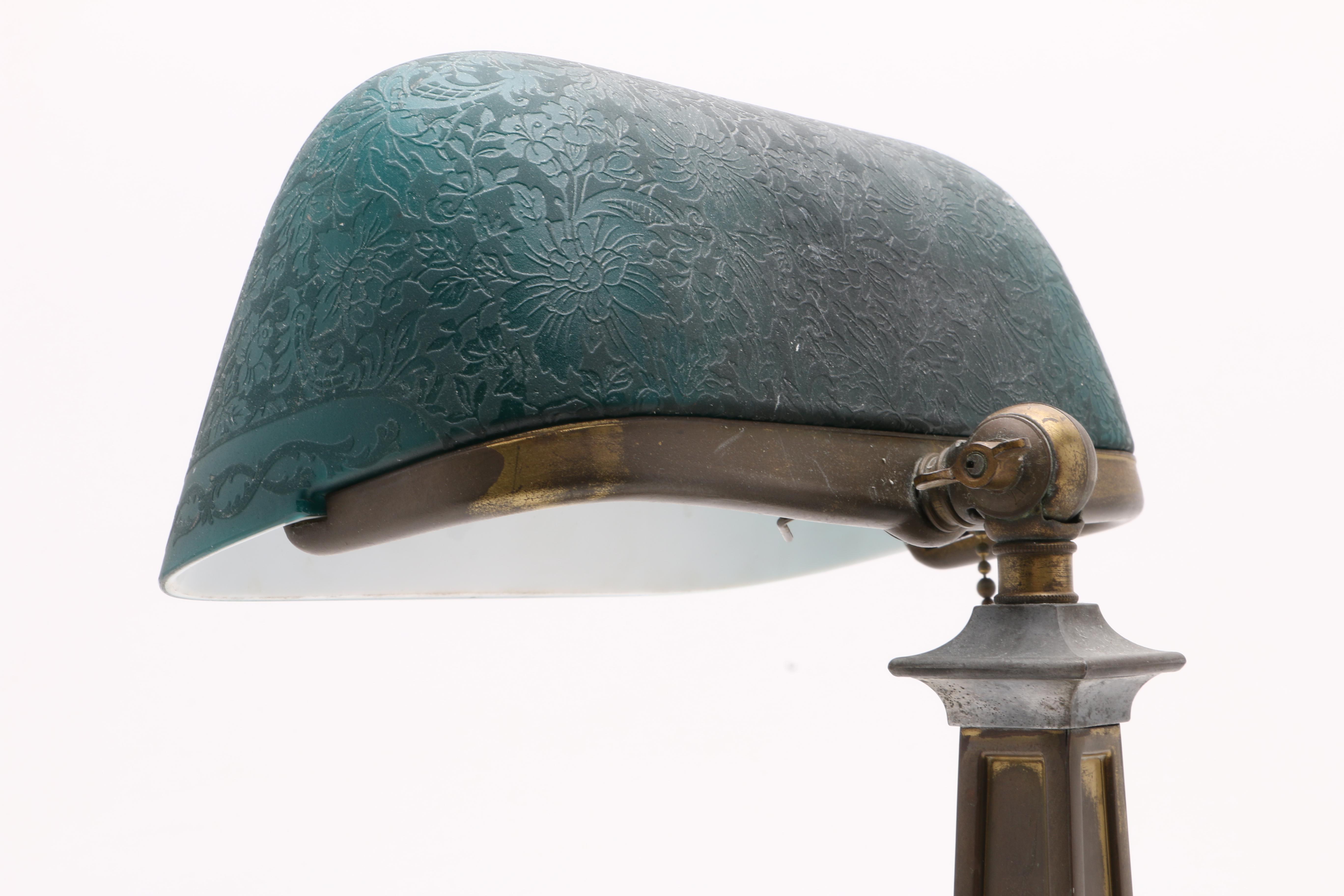 Vintage Emeralite Bankers Desk Lamp with Etched Green Glass Shade