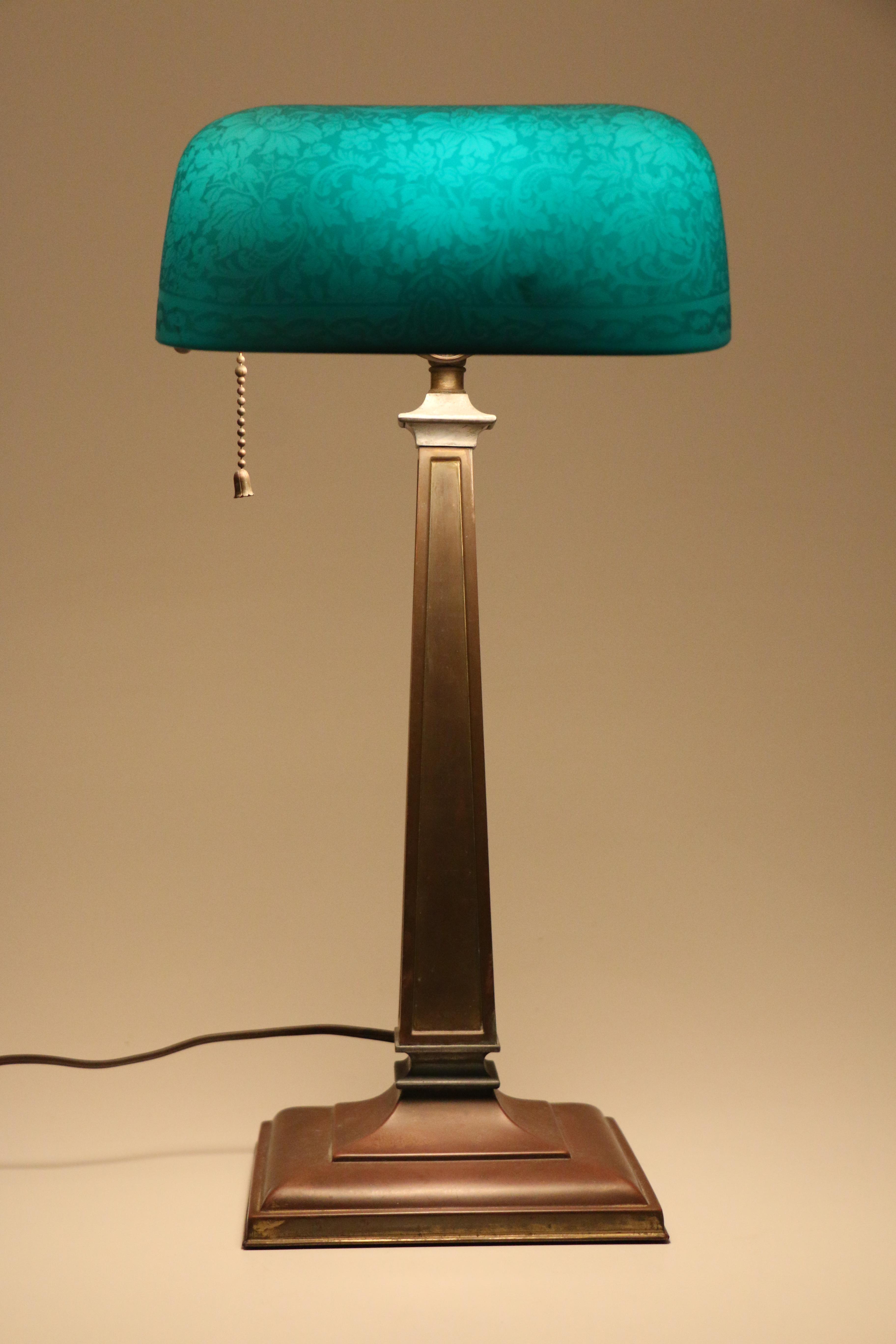 Vintage Emeralite Bankers Desk Lamp with Etched Green Glass Shade