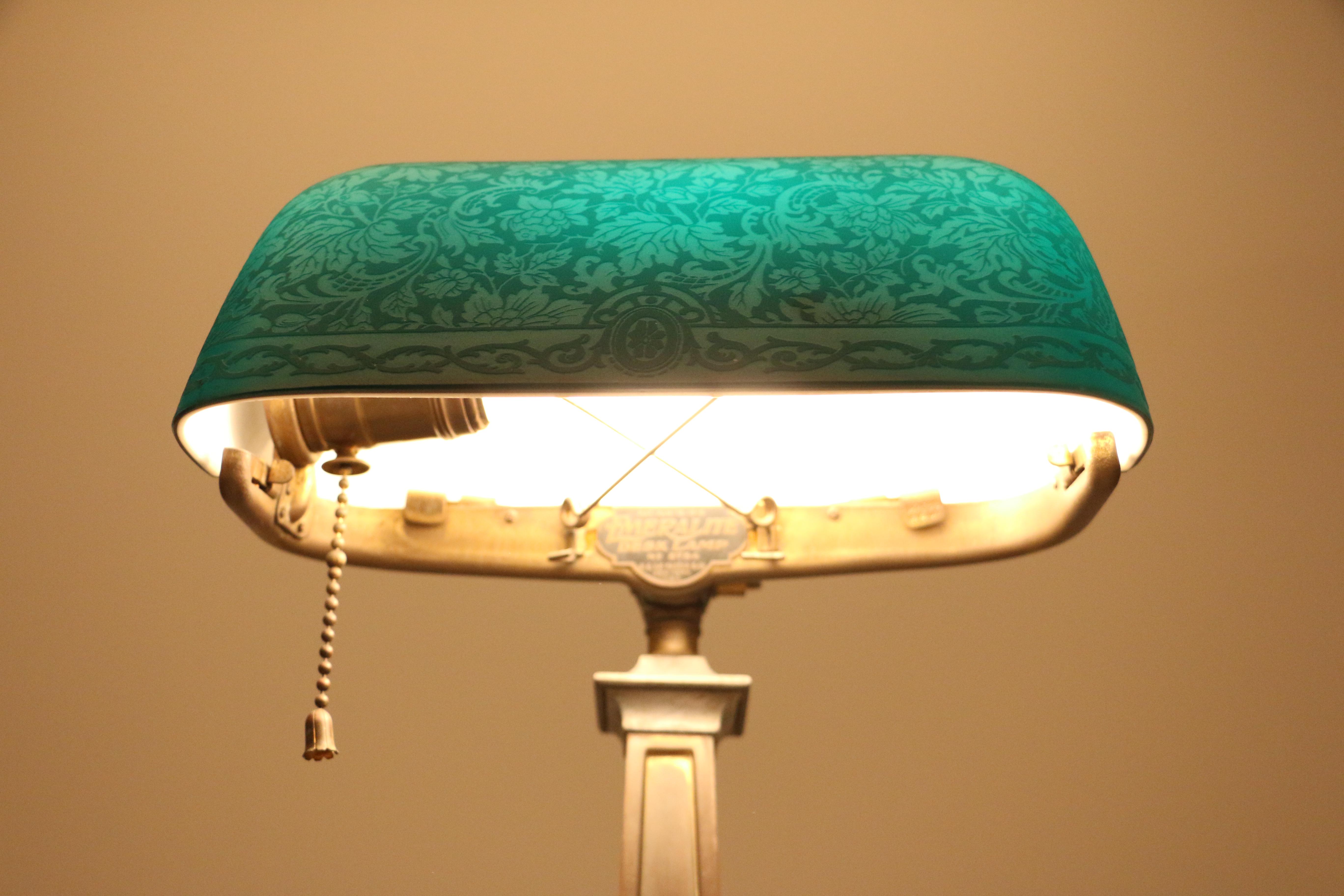 Vintage Emeralite Bankers Desk Lamp with Etched Green Glass Shade