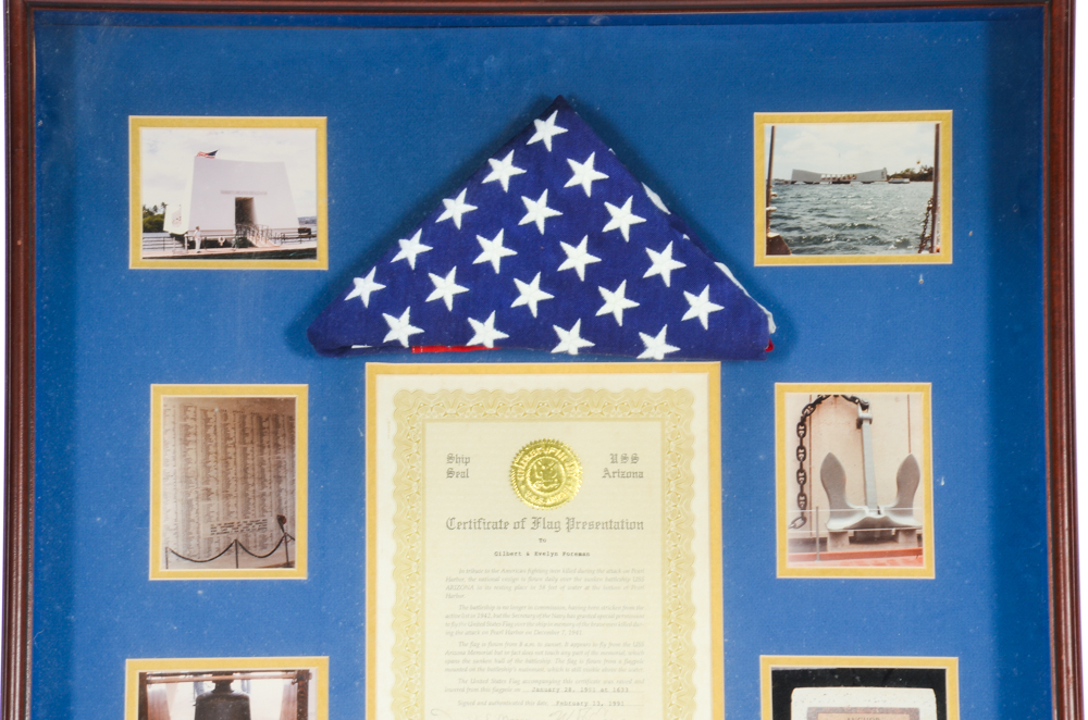 Pearl Harbor Commemorative Flag, Certificate, and Photographs