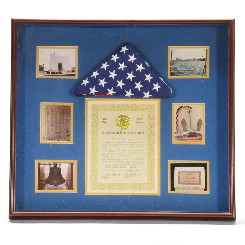 Pearl Harbor Commemorative Flag, Certificate, and Photographs