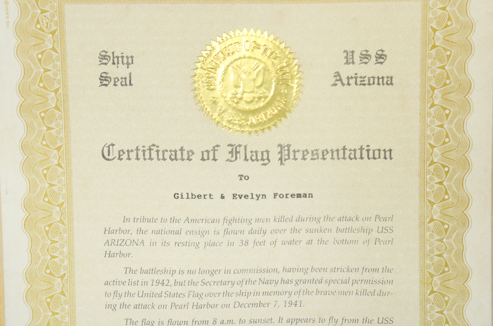 Pearl Harbor Commemorative Flag, Certificate, and Photographs