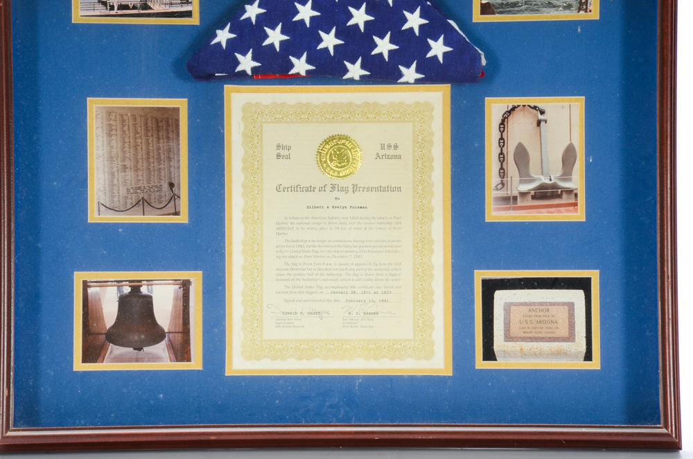 Pearl Harbor Commemorative Flag, Certificate, and Photographs