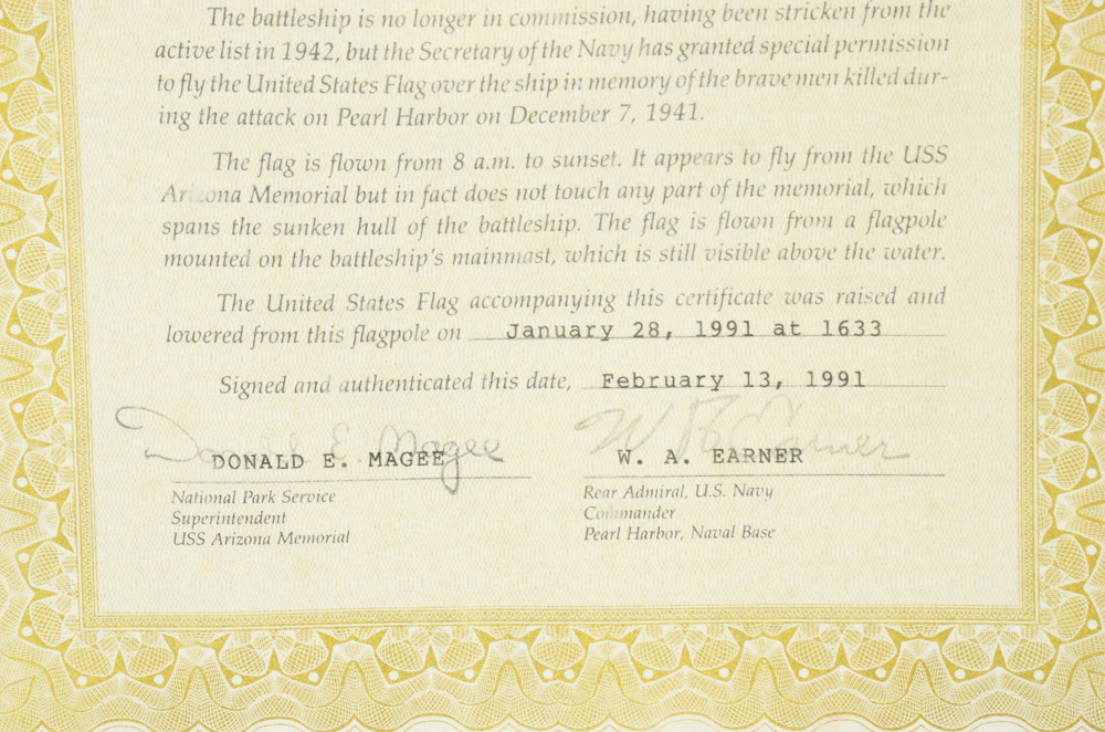 Pearl Harbor Commemorative Flag, Certificate, and Photographs