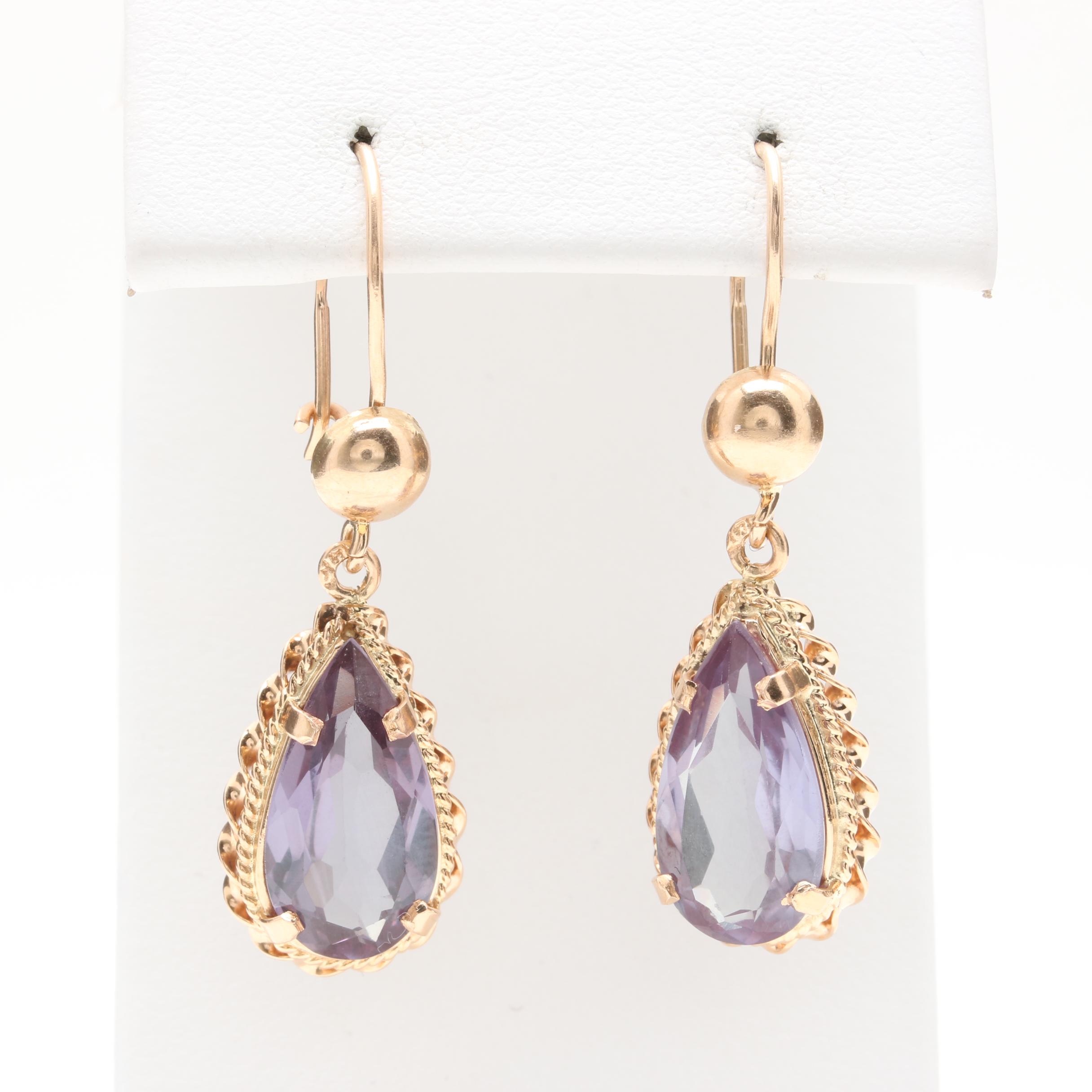 14K Yellow Gold Synthetic Color Change Sapphire Earrings