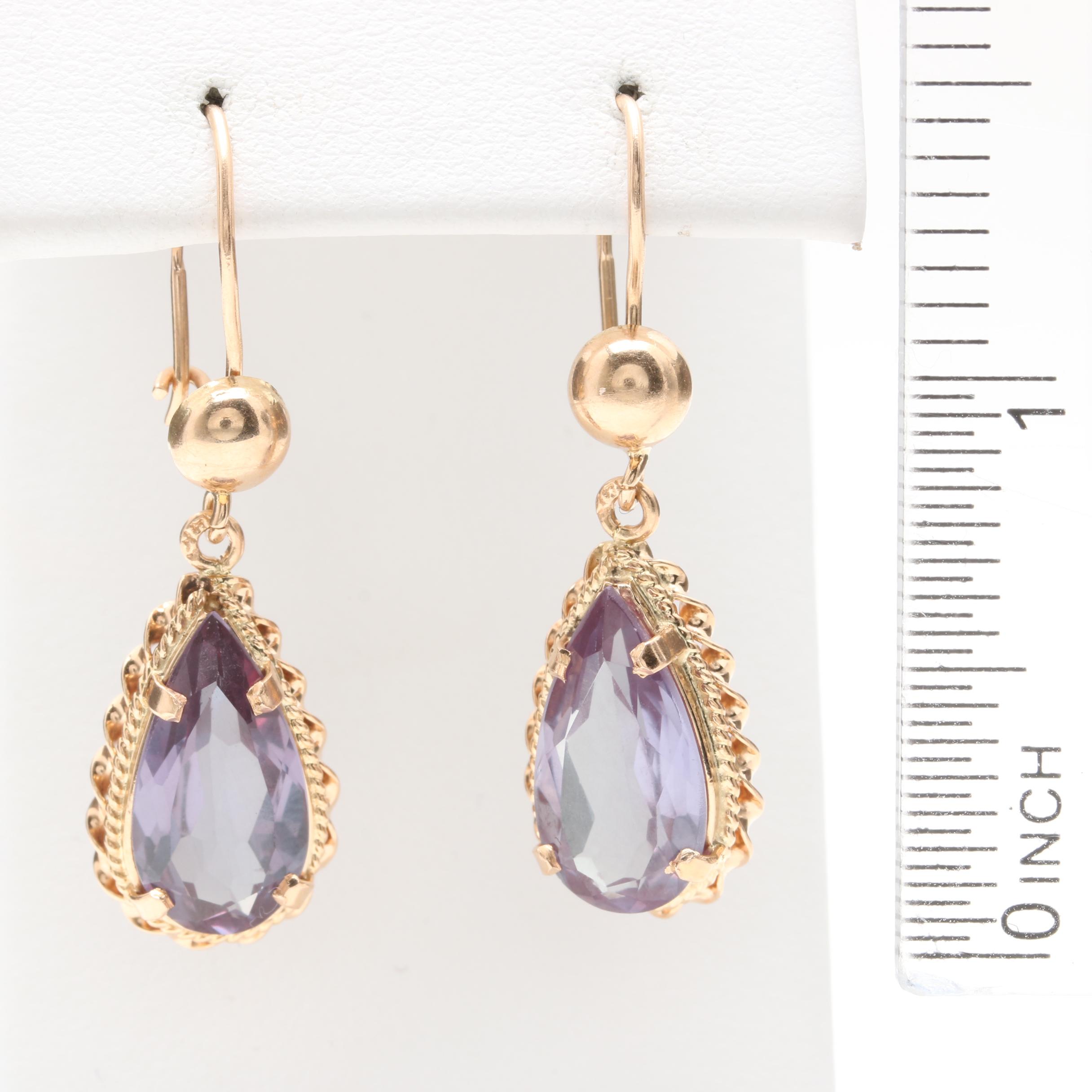 14K Yellow Gold Synthetic Color Change Sapphire Earrings