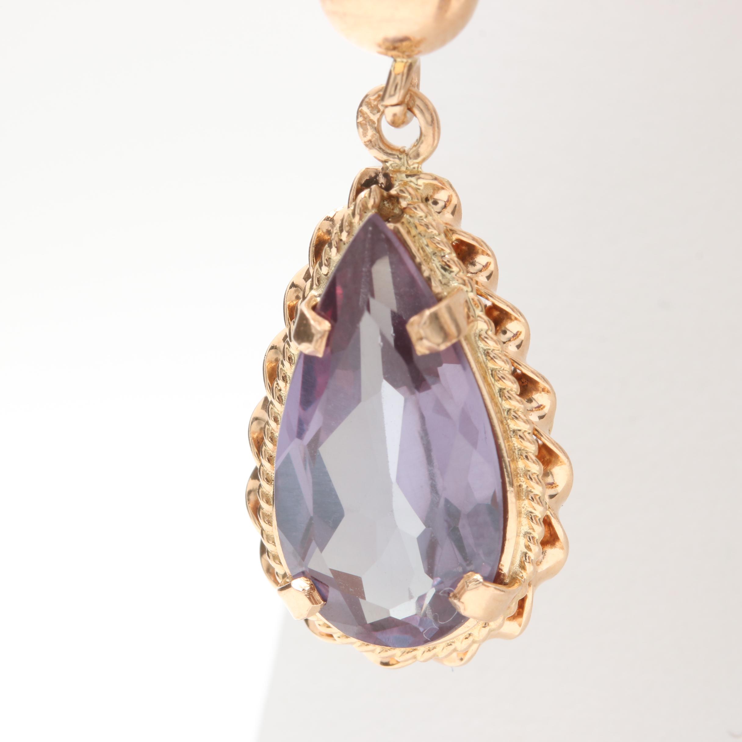 14K Yellow Gold Synthetic Color Change Sapphire Earrings