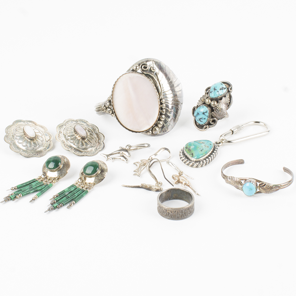 Southwestern Style Sterling Silver and 950 Silver Jewelry Featuring Turquoise
