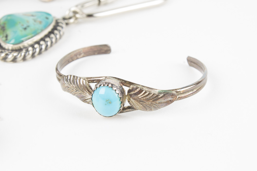 Southwestern Style Sterling Silver and 950 Silver Jewelry Featuring Turquoise