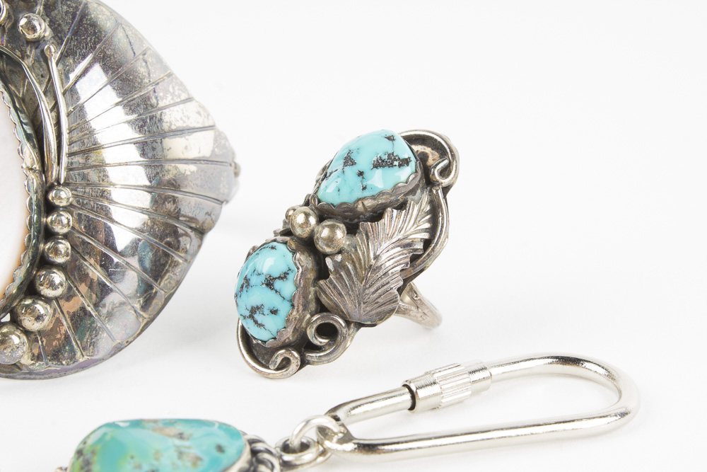 Southwestern Style Sterling Silver and 950 Silver Jewelry Featuring Turquoise
