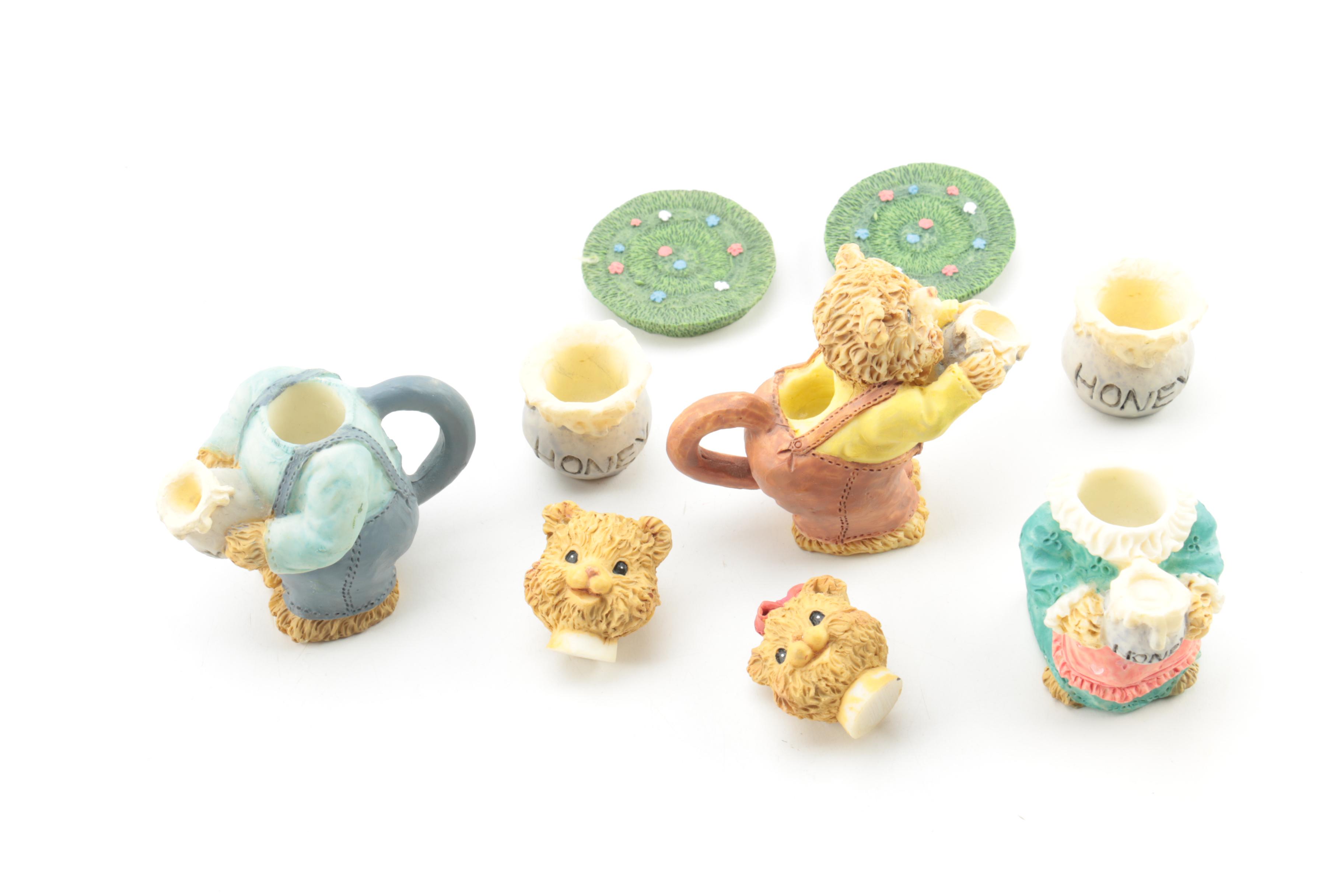 Youngs Inc. Bear Figurine Set, Ceramic Peaches and Box