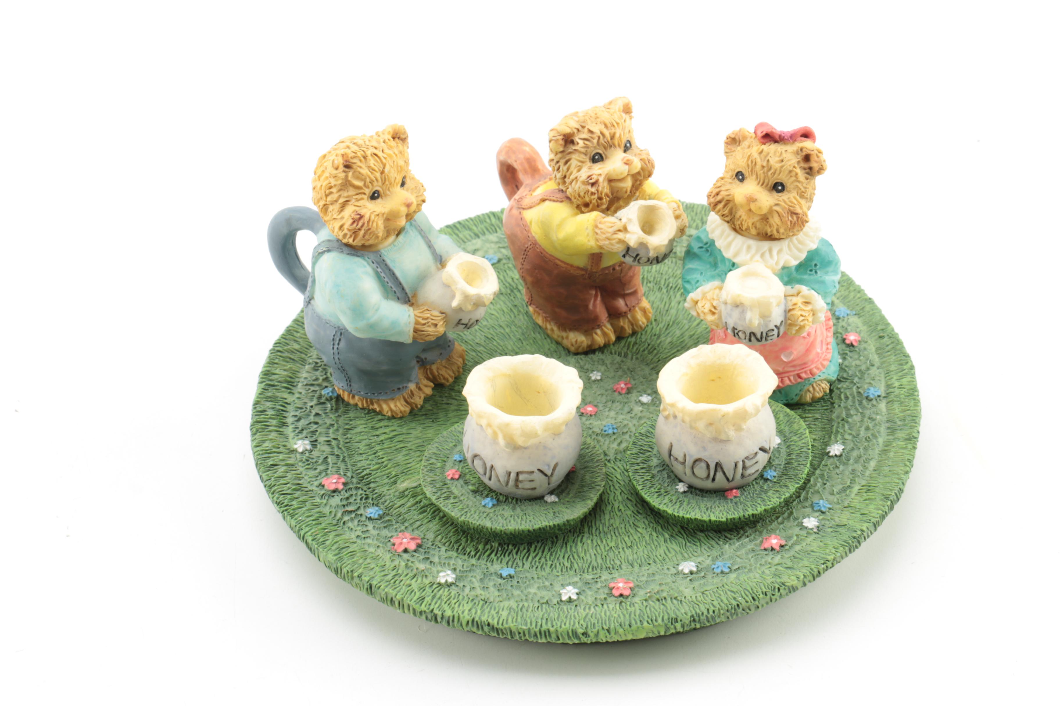 Youngs Inc. Bear Figurine Set, Ceramic Peaches and Box