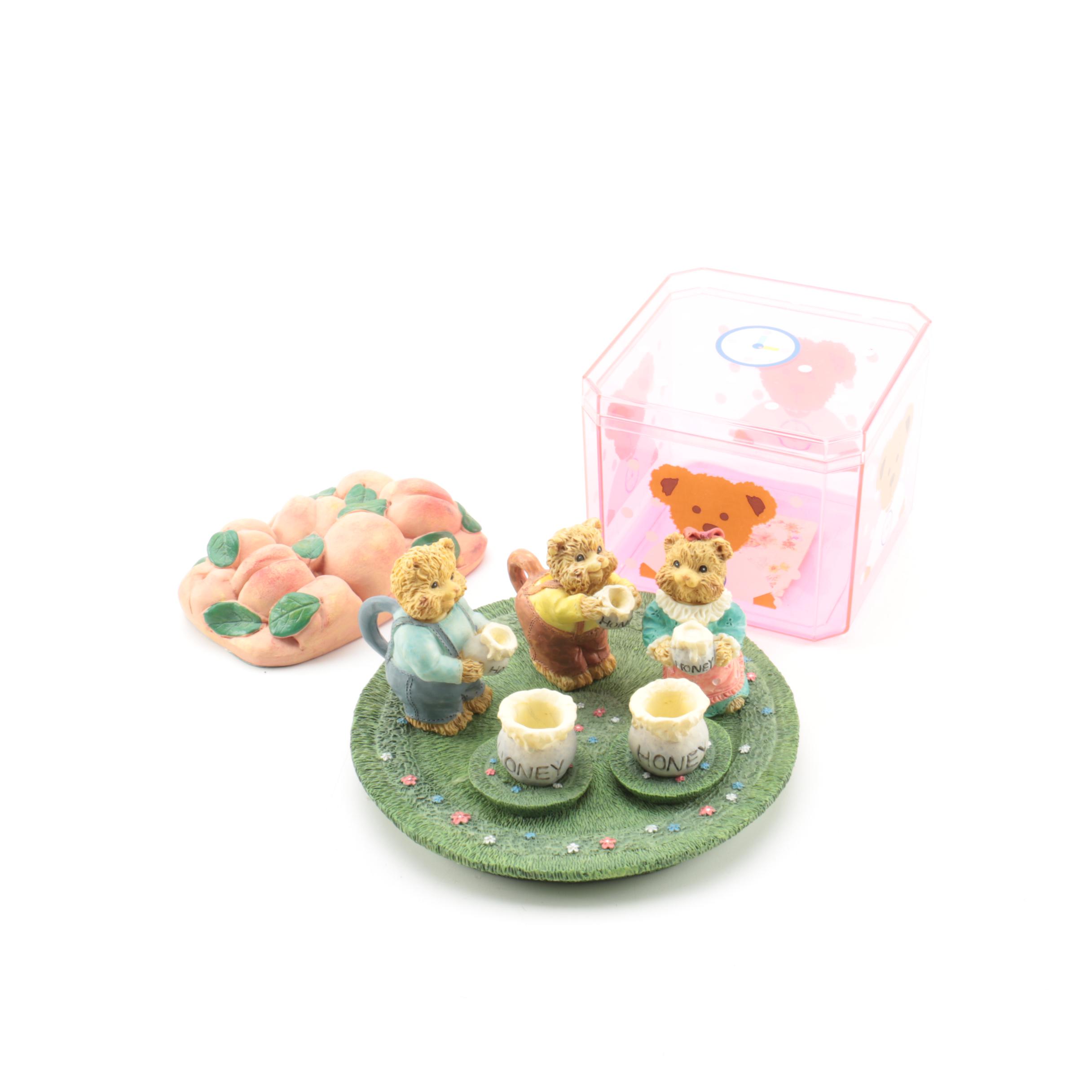 Youngs Inc. Bear Figurine Set, Ceramic Peaches and Box