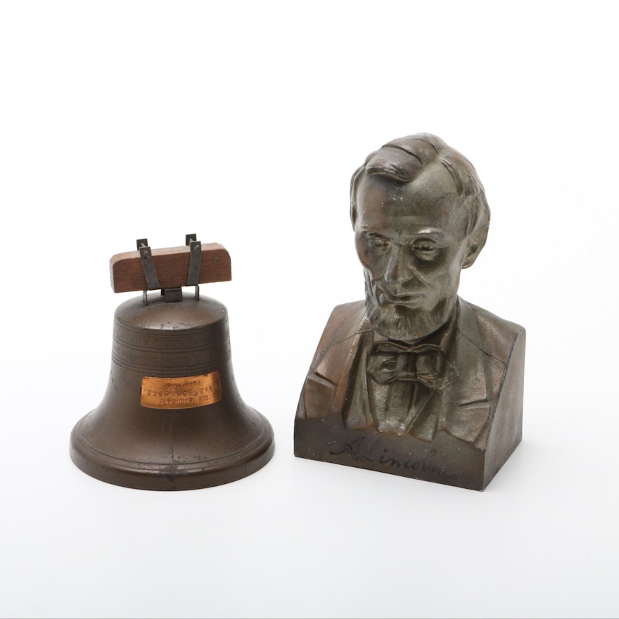 Cast Metal Promotional Coin Banks Including Liberty Bell and Lincoln Bust