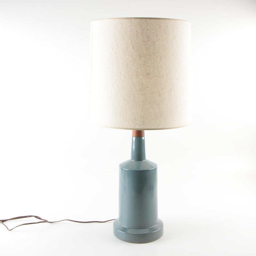 Ceramic and Wood Table Lamp With Brass Dragonfly Finial