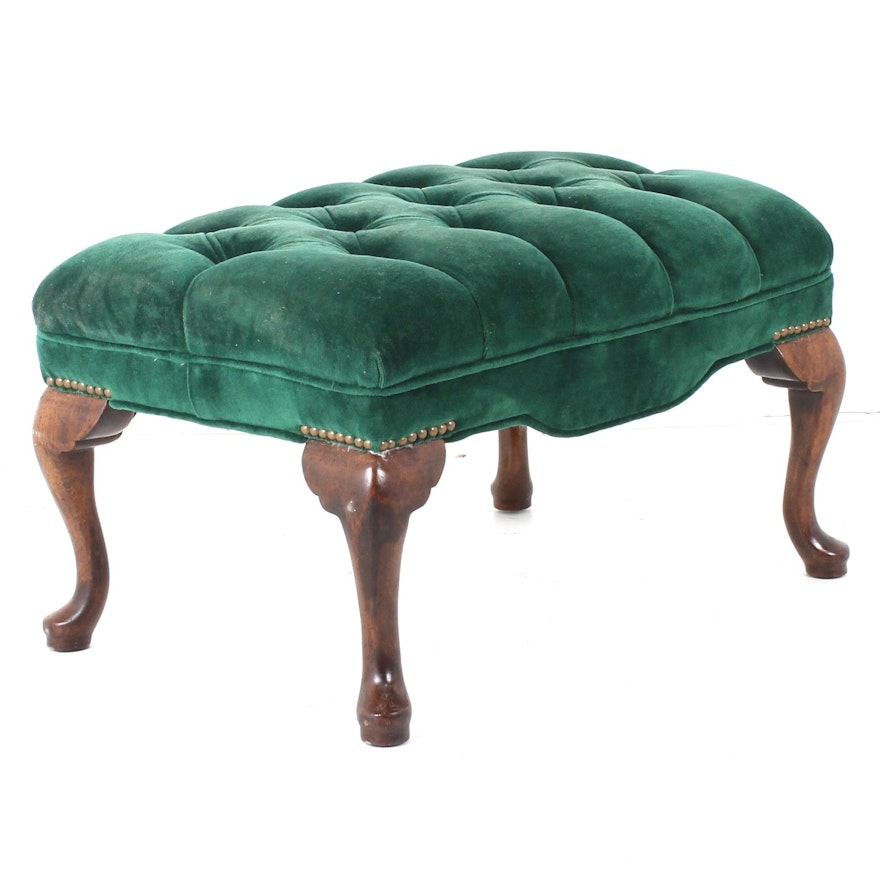 Vintage Green Velvet Upholstered Ottoman