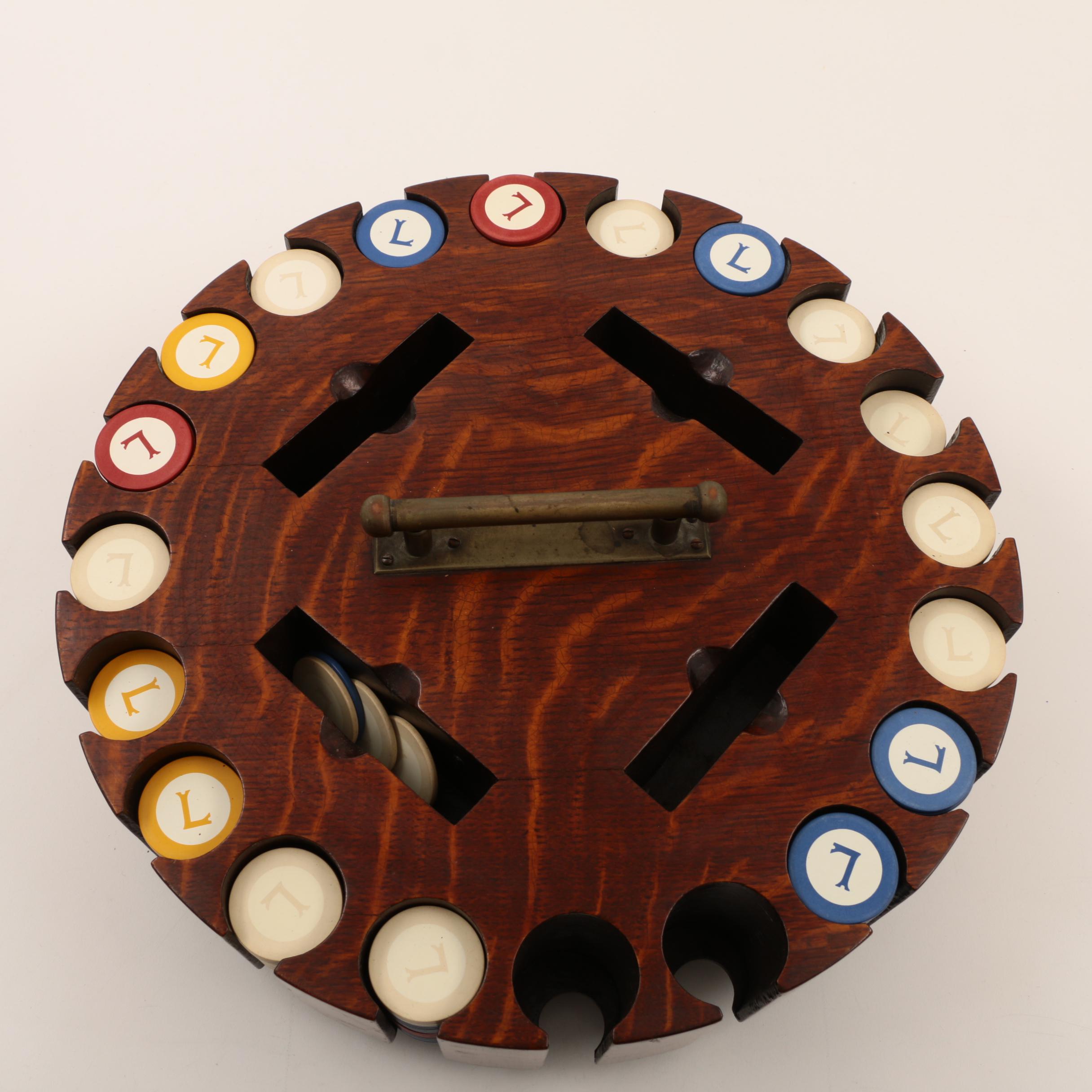 Vintage Poker Chip Set with Wooden Carousel Stand and Lid