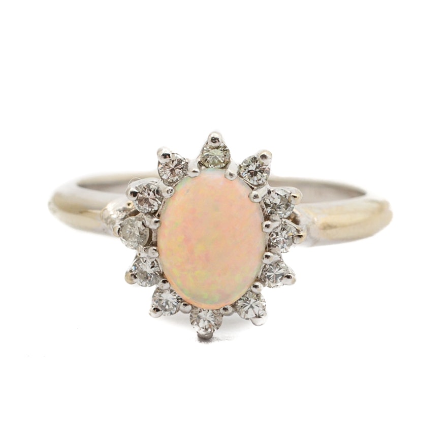 14K White Gold Opal and Diamond Ring