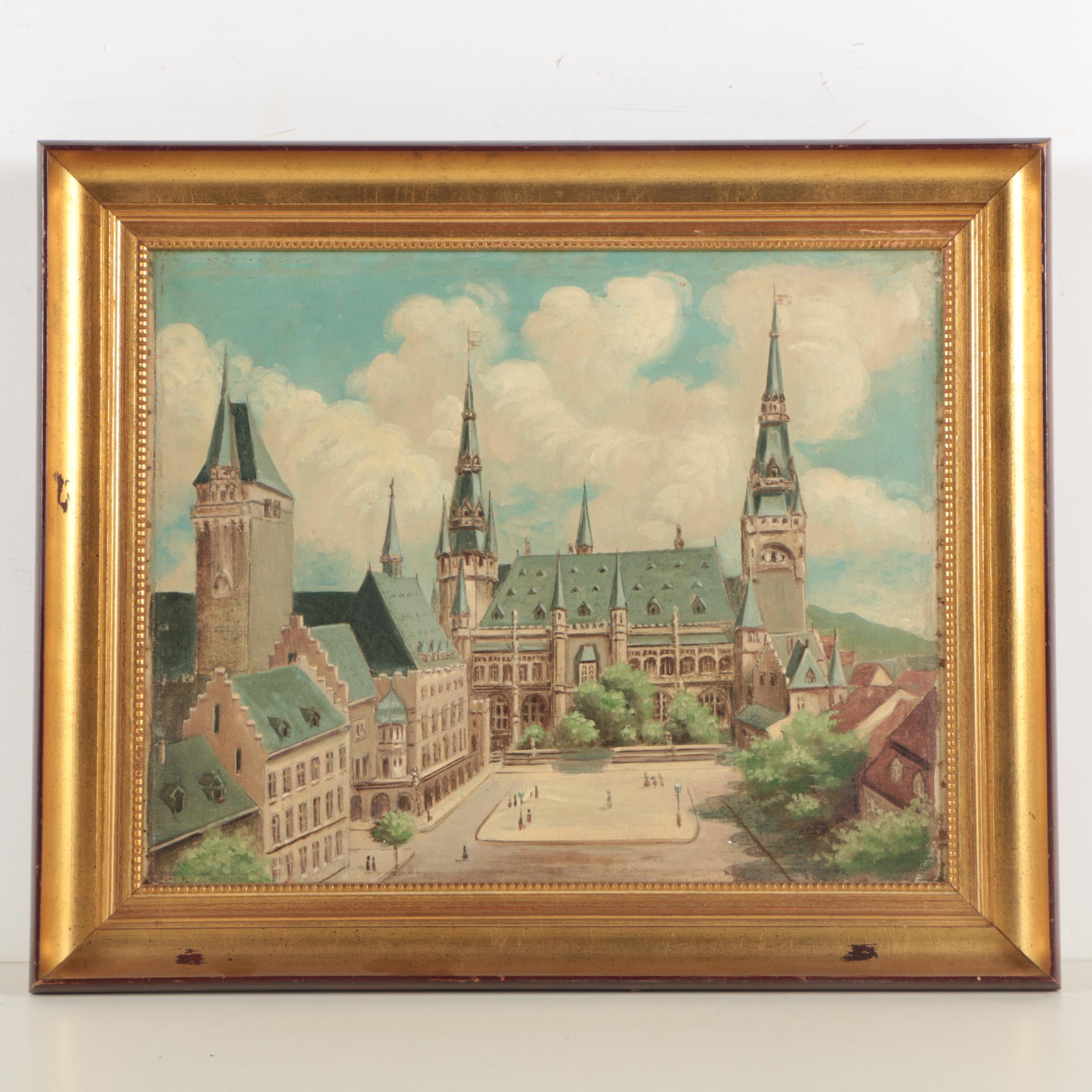Oil Painting on Canvas of Aachen Germany City Hall and Marketplace