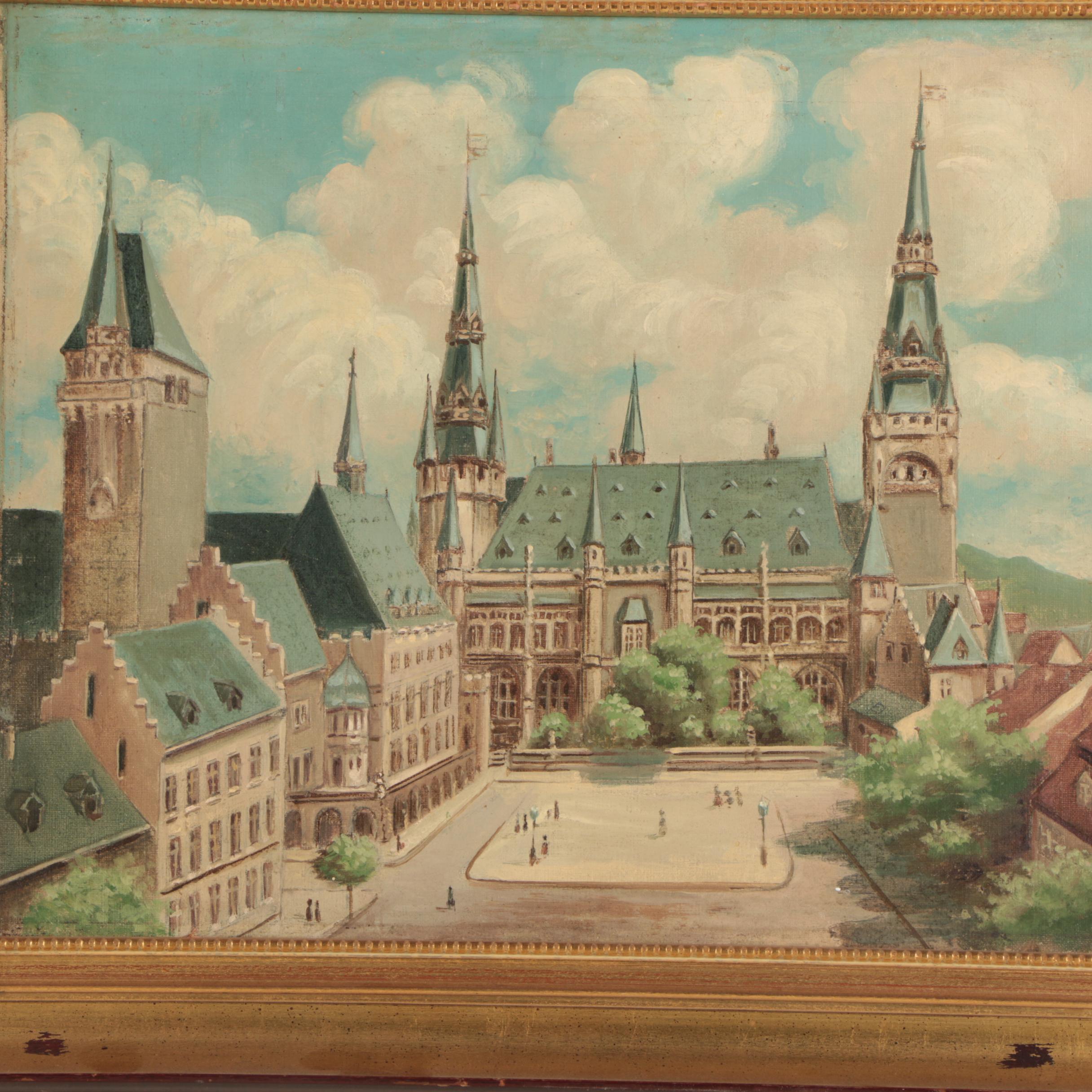 Oil Painting on Canvas of Aachen Germany City Hall and Marketplace