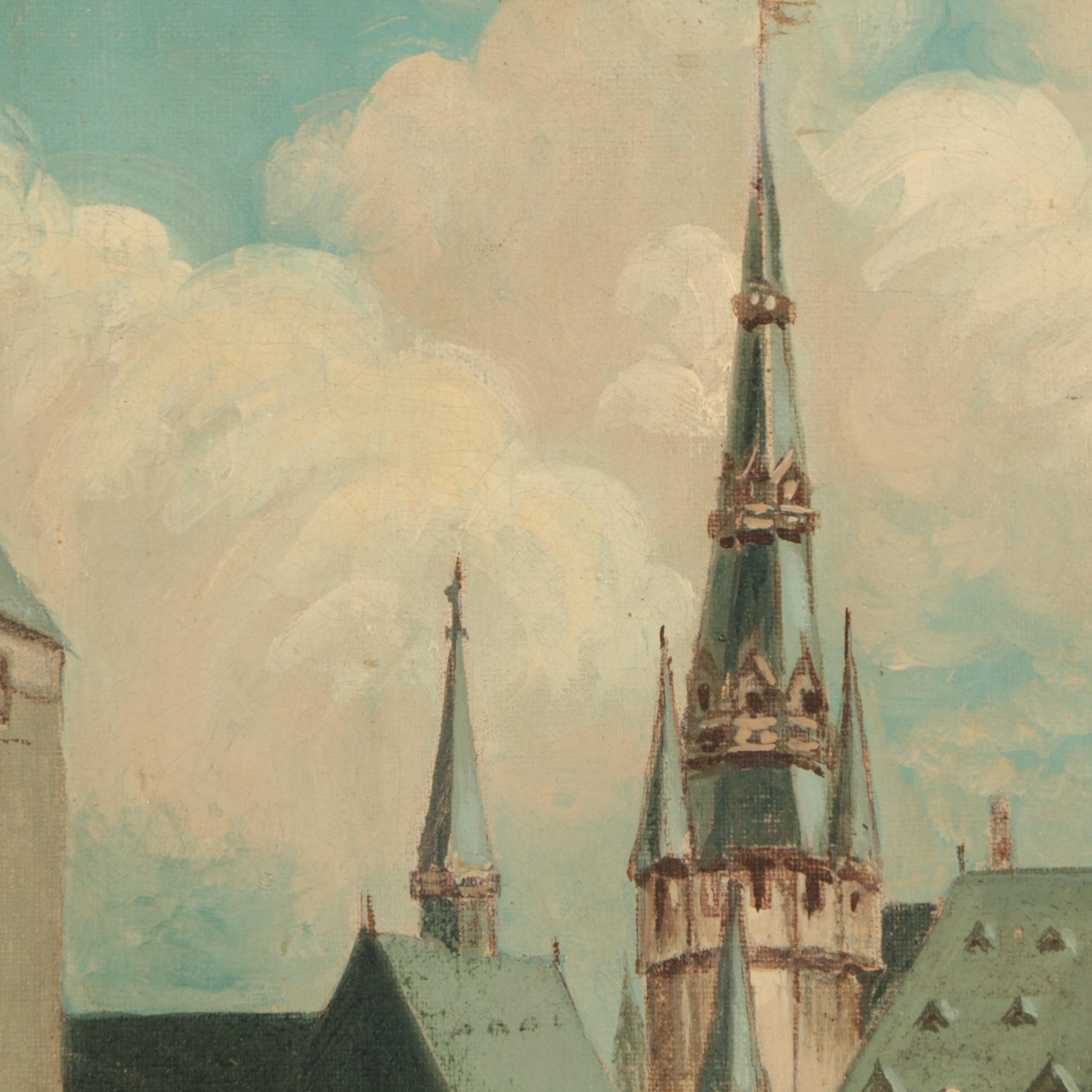 Oil Painting on Canvas of Aachen Germany City Hall and Marketplace
