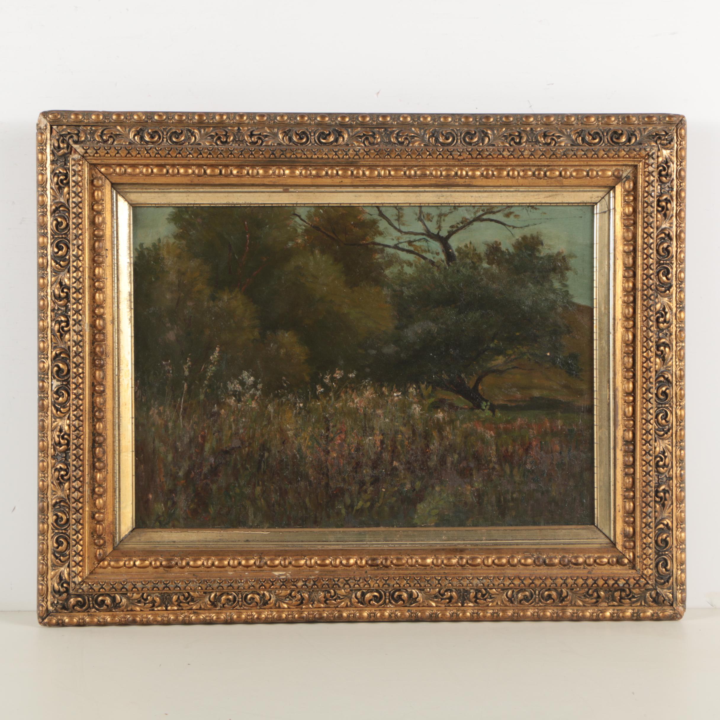 Antique Oil Painting of a Field and Forest