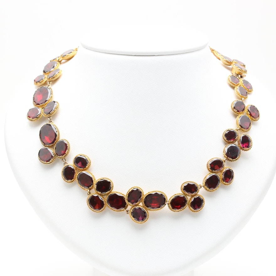 10K Yellow Gold Garnet Link Choker Necklace