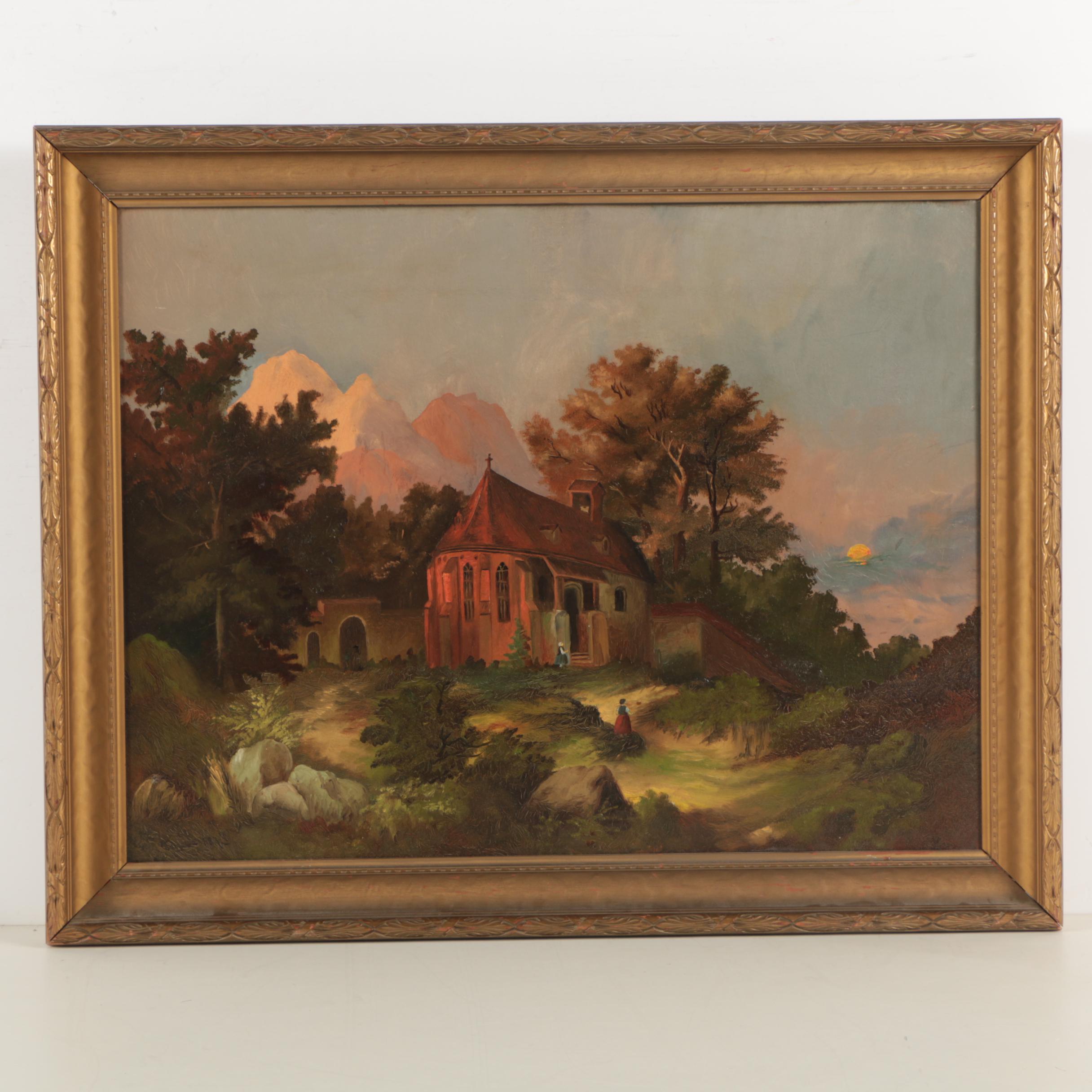 1887 Josef Anton Settegast Oil Painting "Moonrise in a Romantic Landscape"