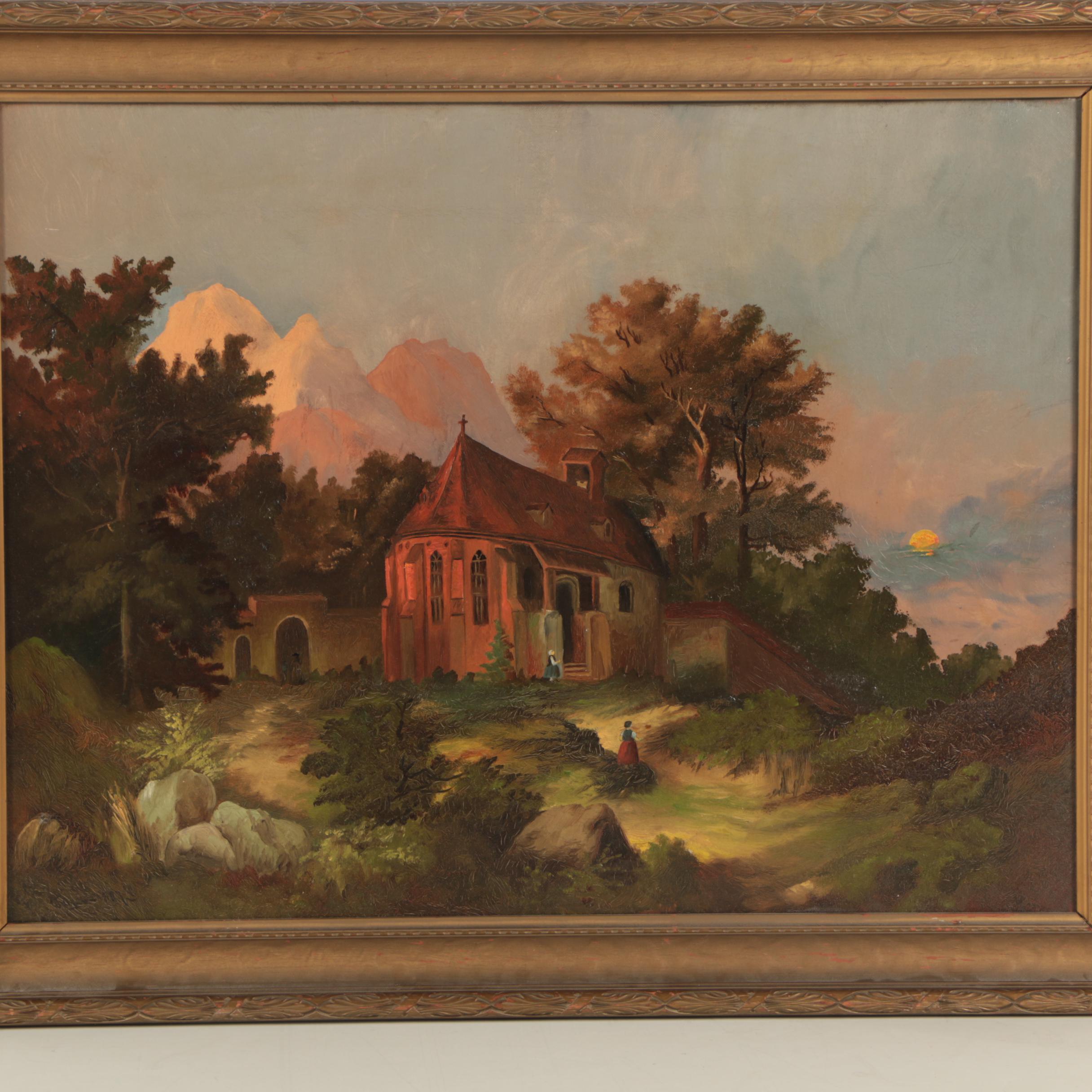 1887 Josef Anton Settegast Oil Painting "Moonrise in a Romantic Landscape"