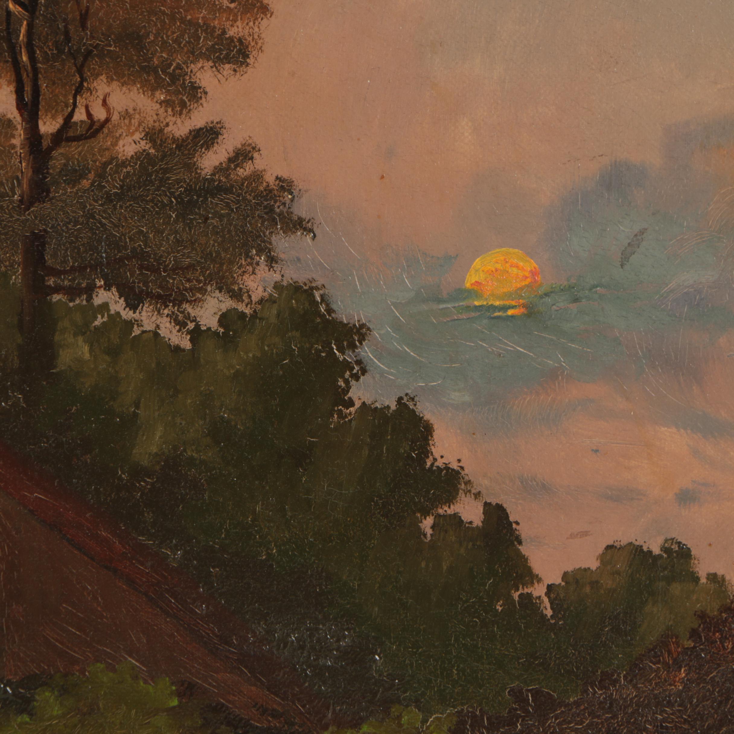 1887 Josef Anton Settegast Oil Painting "Moonrise in a Romantic Landscape"