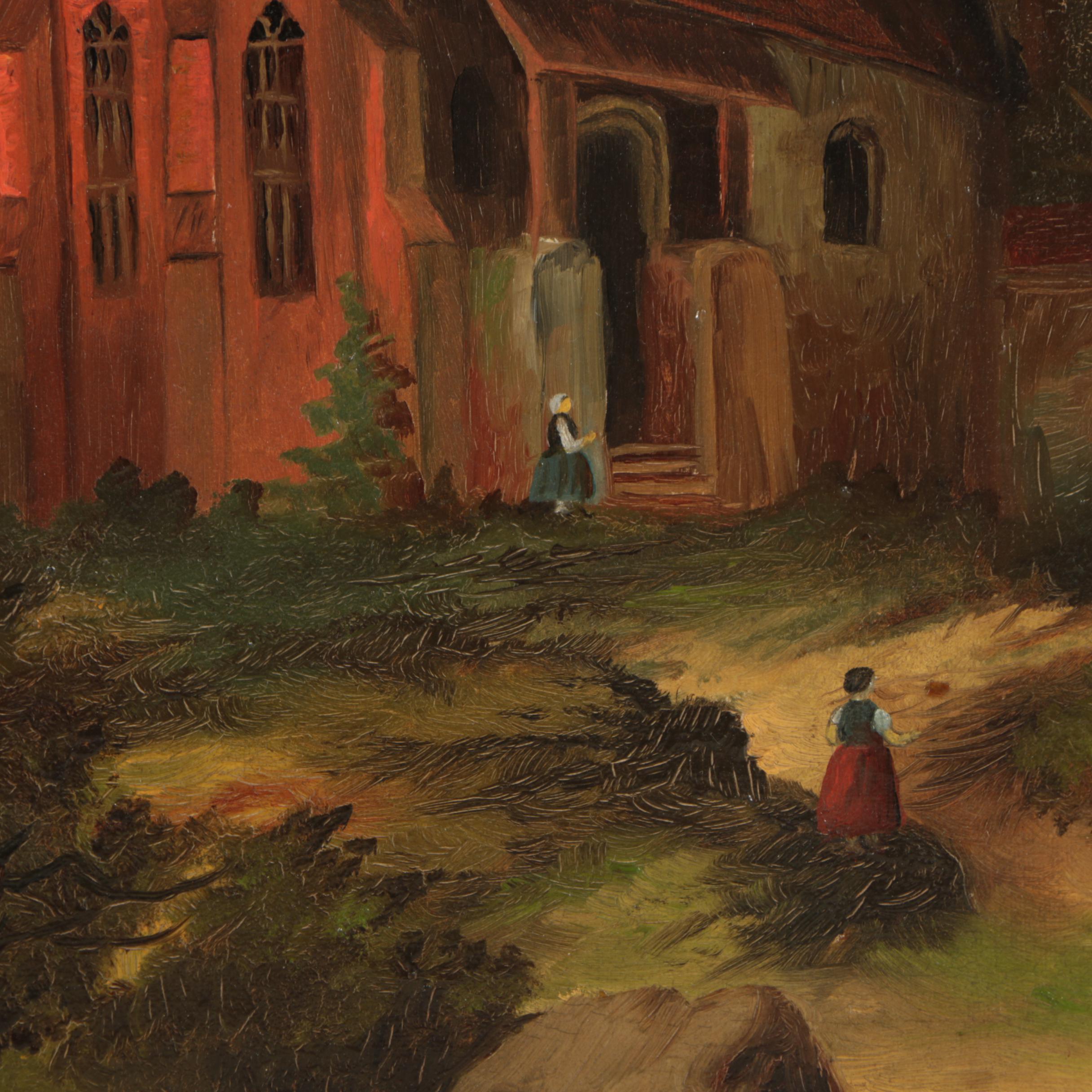 1887 Josef Anton Settegast Oil Painting "Moonrise in a Romantic Landscape"