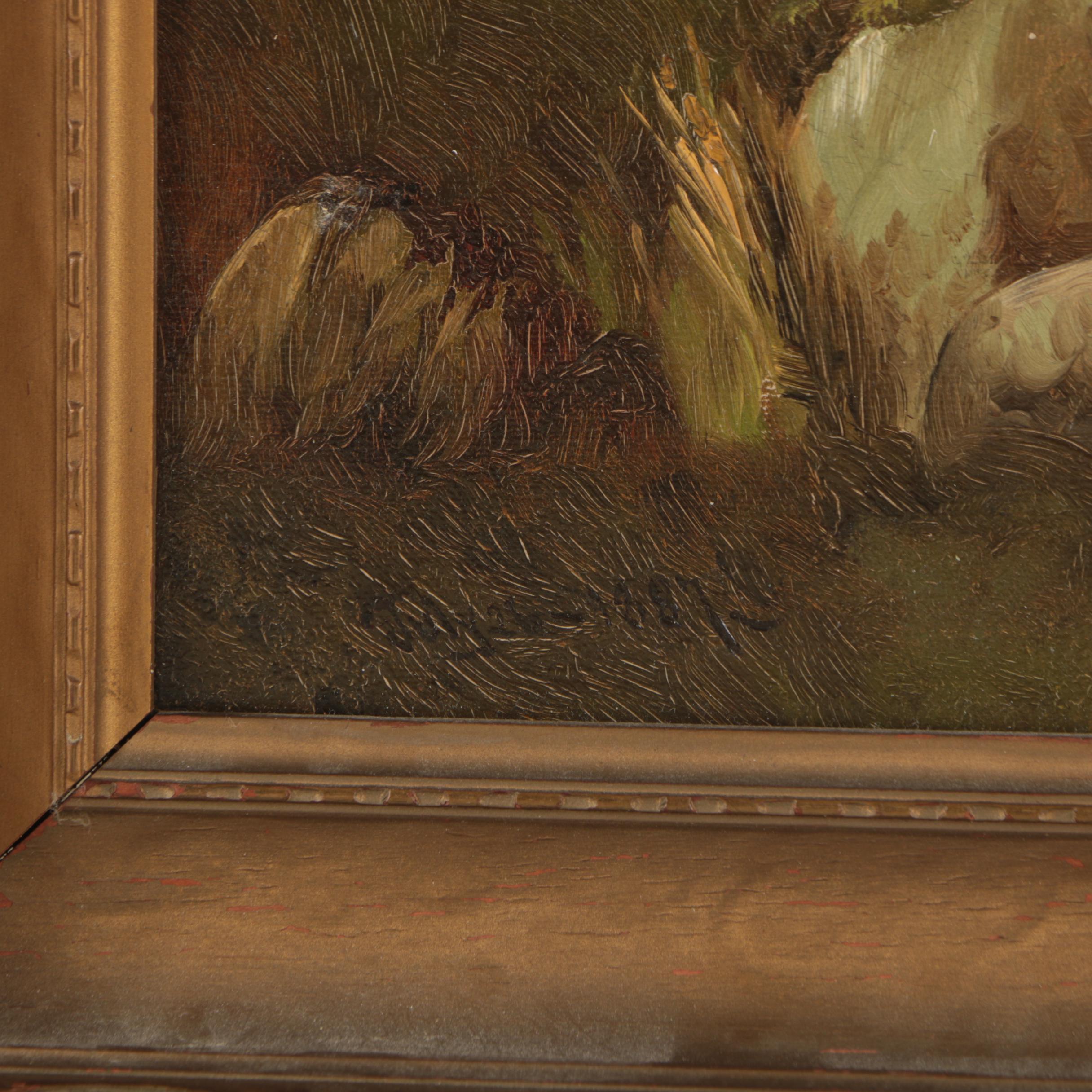 1887 Josef Anton Settegast Oil Painting "Moonrise in a Romantic Landscape"