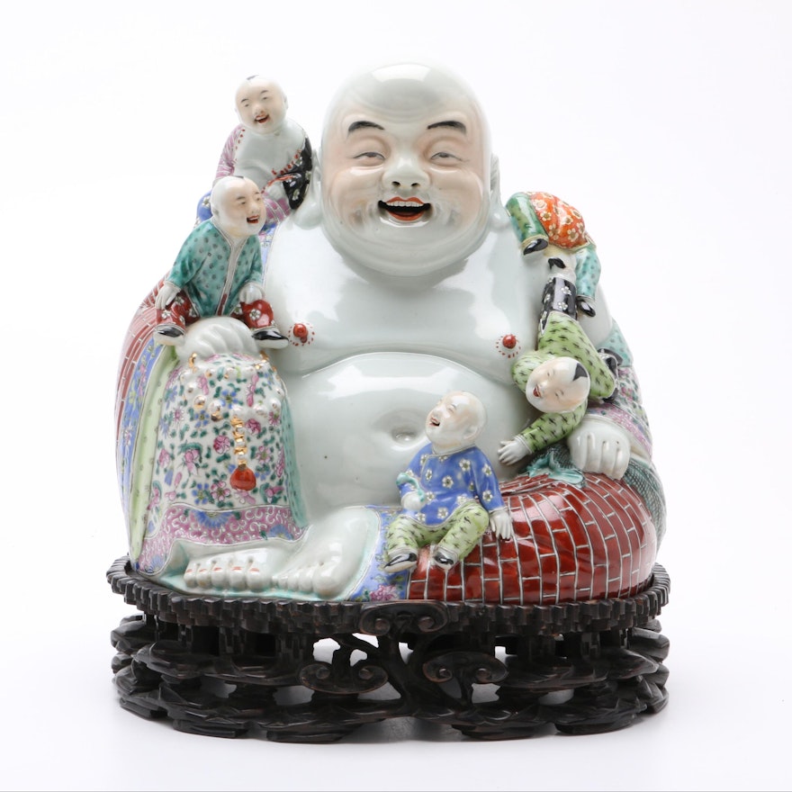 Chinese Budai Five Children Porcelain Figurine