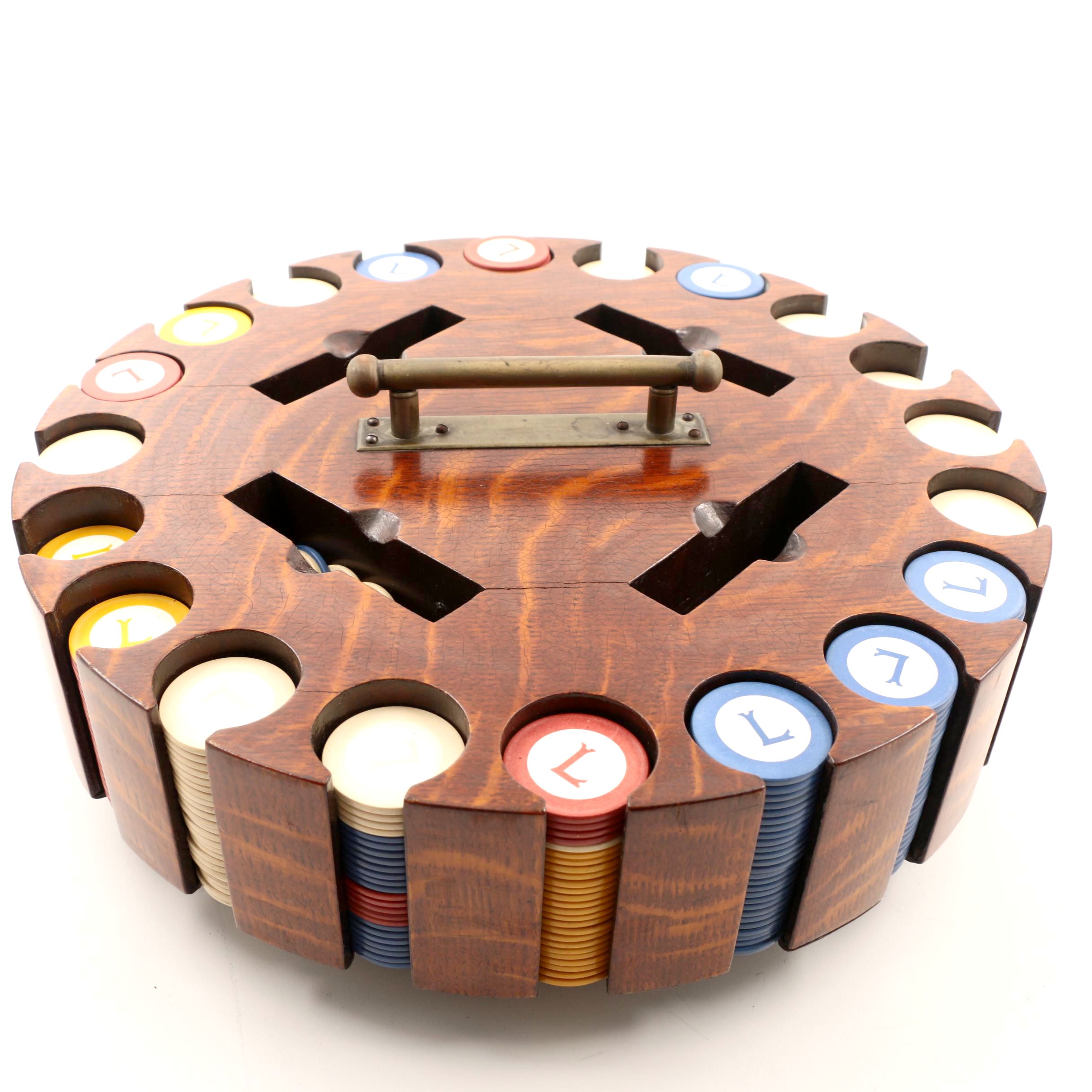 Vintage Poker Chip Set with Wooden Carousel Stand and Lid