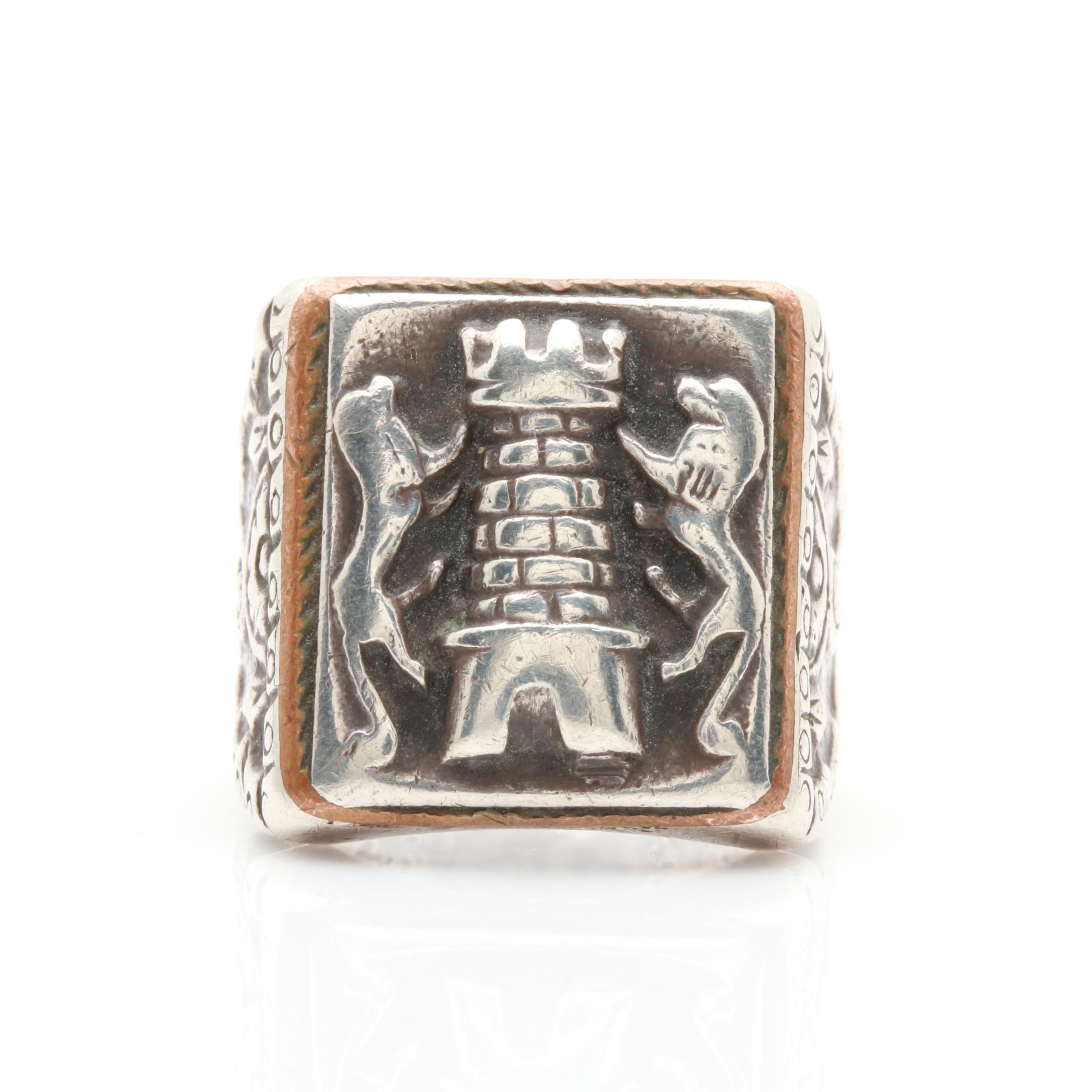 Mexican 900 Silver Signet Ring with Heraldic Symbols