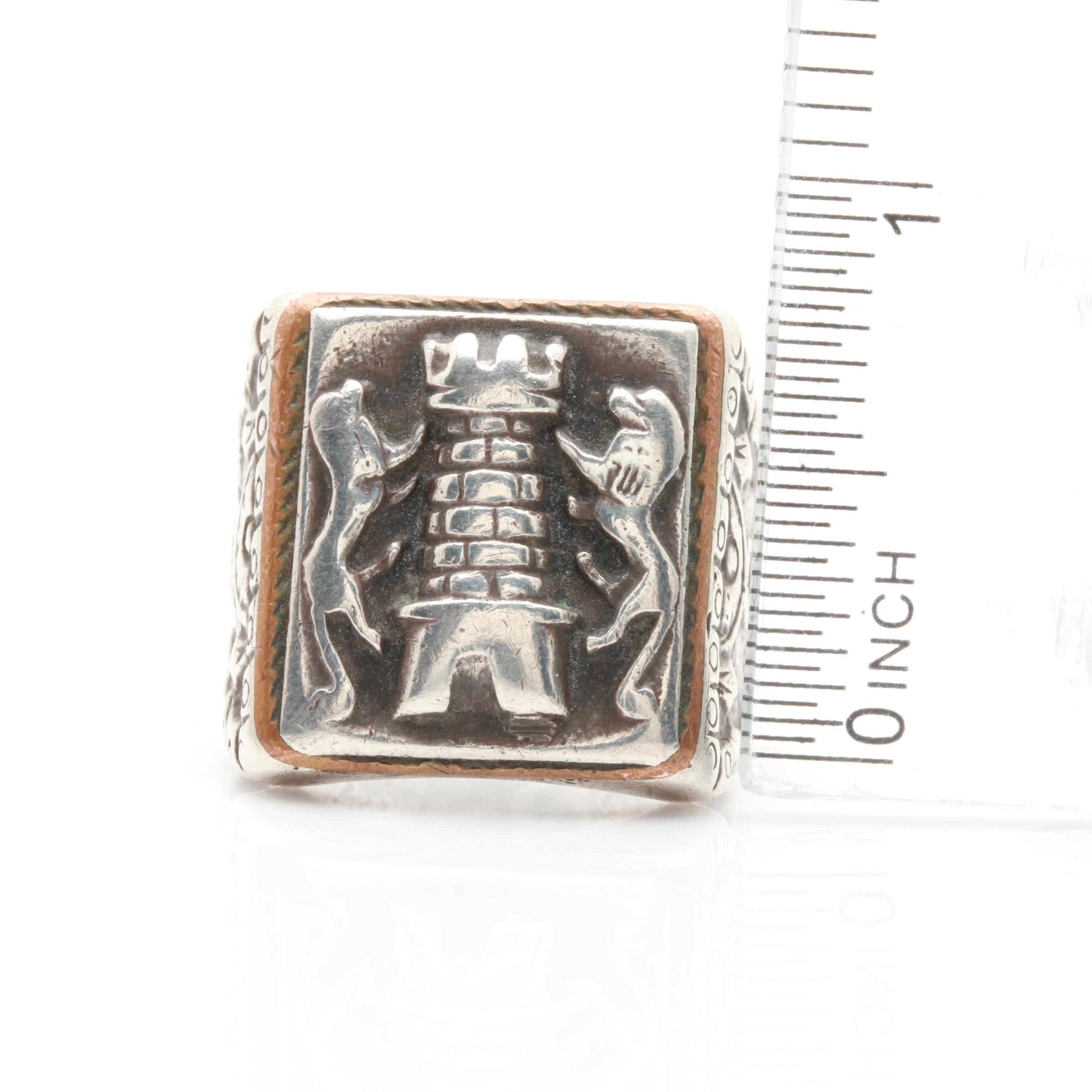 Mexican 900 Silver Signet Ring with Heraldic Symbols