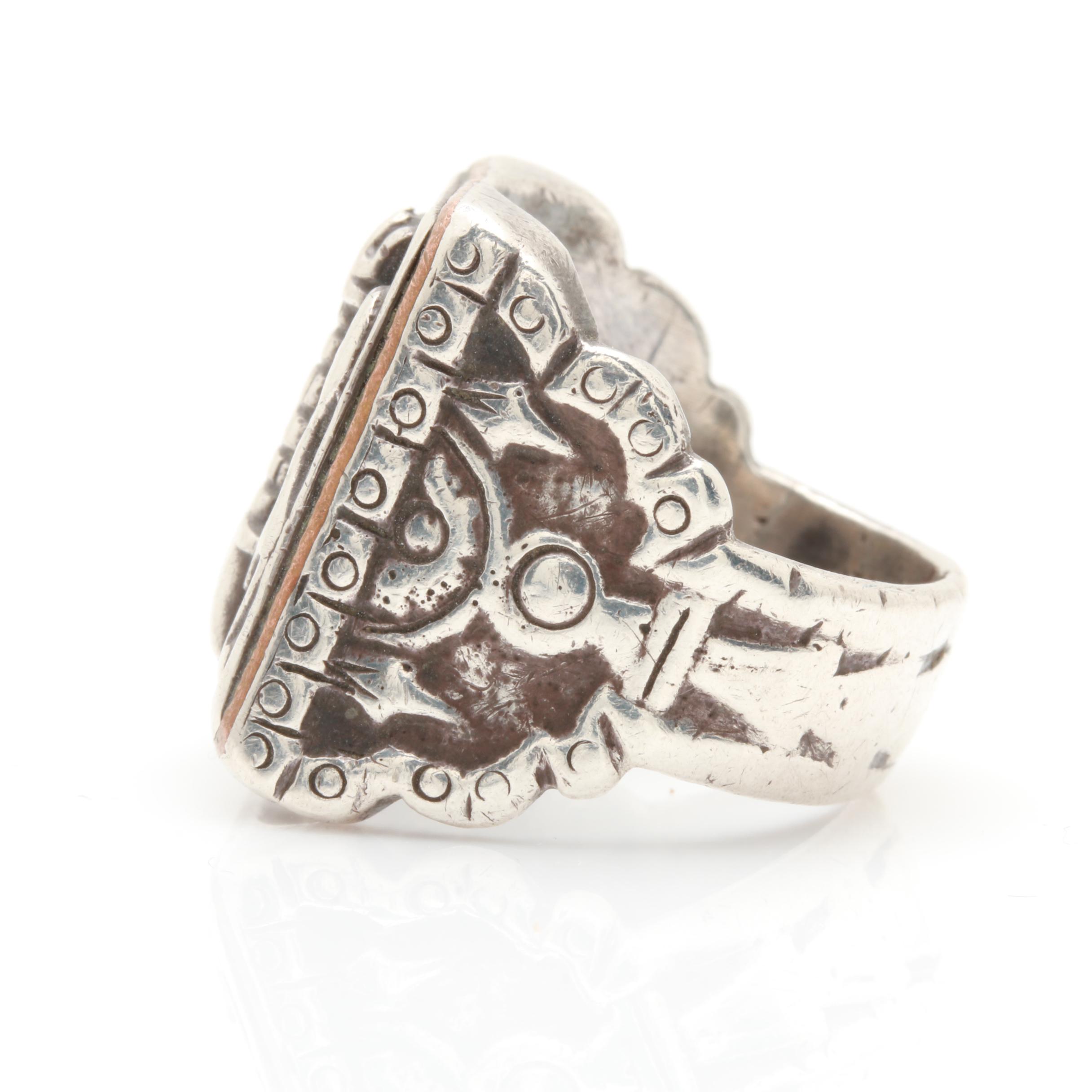 Mexican 900 Silver Signet Ring with Heraldic Symbols