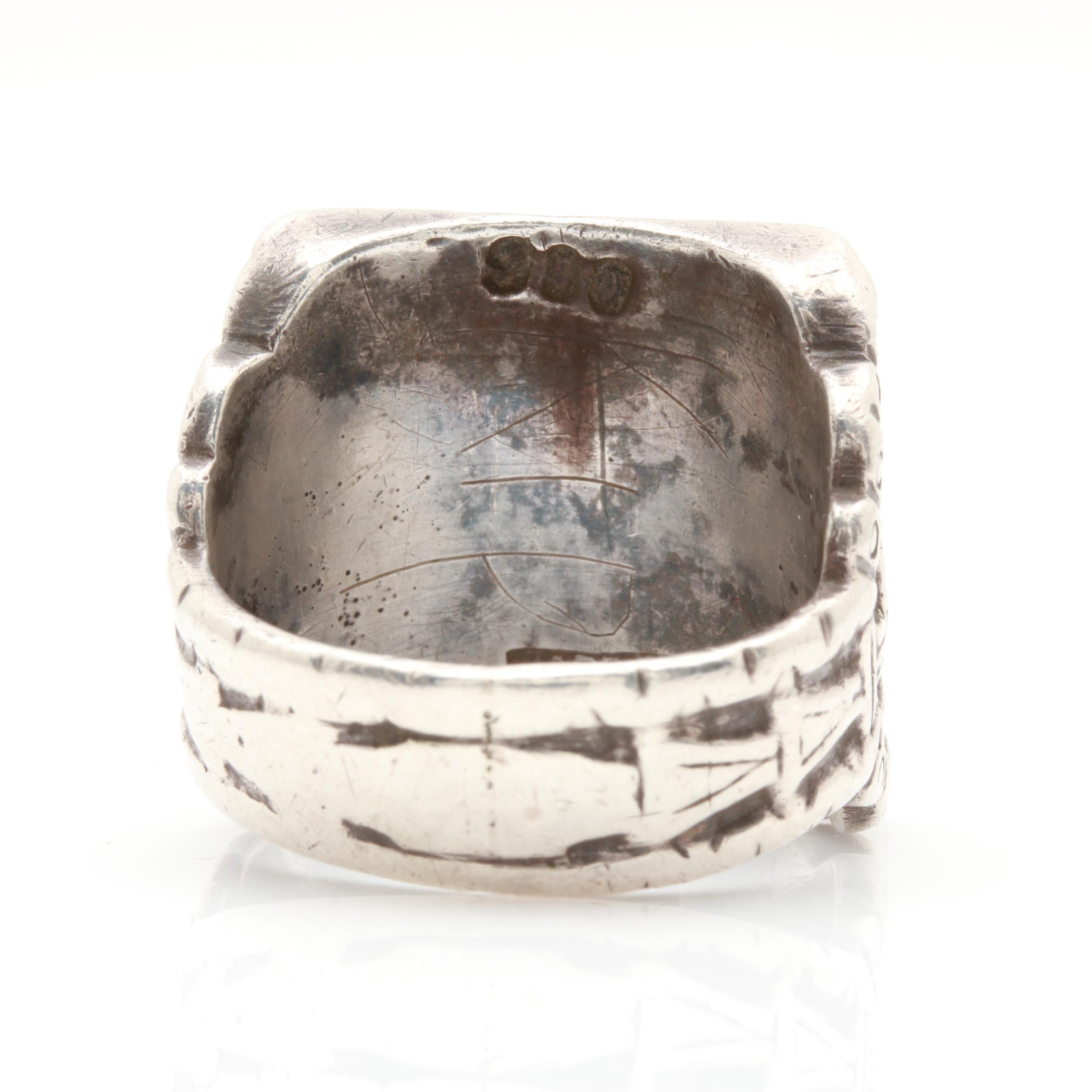 Mexican 900 Silver Signet Ring with Heraldic Symbols