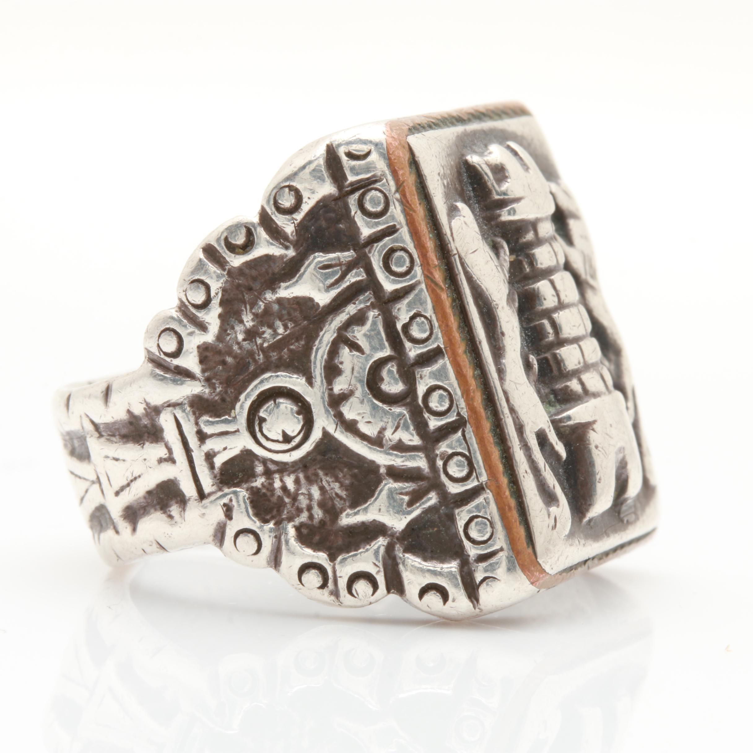 Mexican 900 Silver Signet Ring with Heraldic Symbols