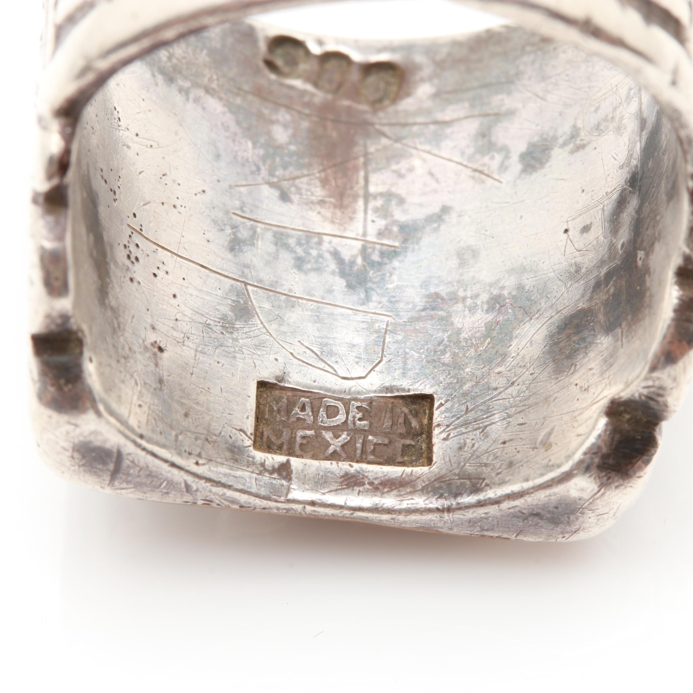 Mexican 900 Silver Signet Ring with Heraldic Symbols