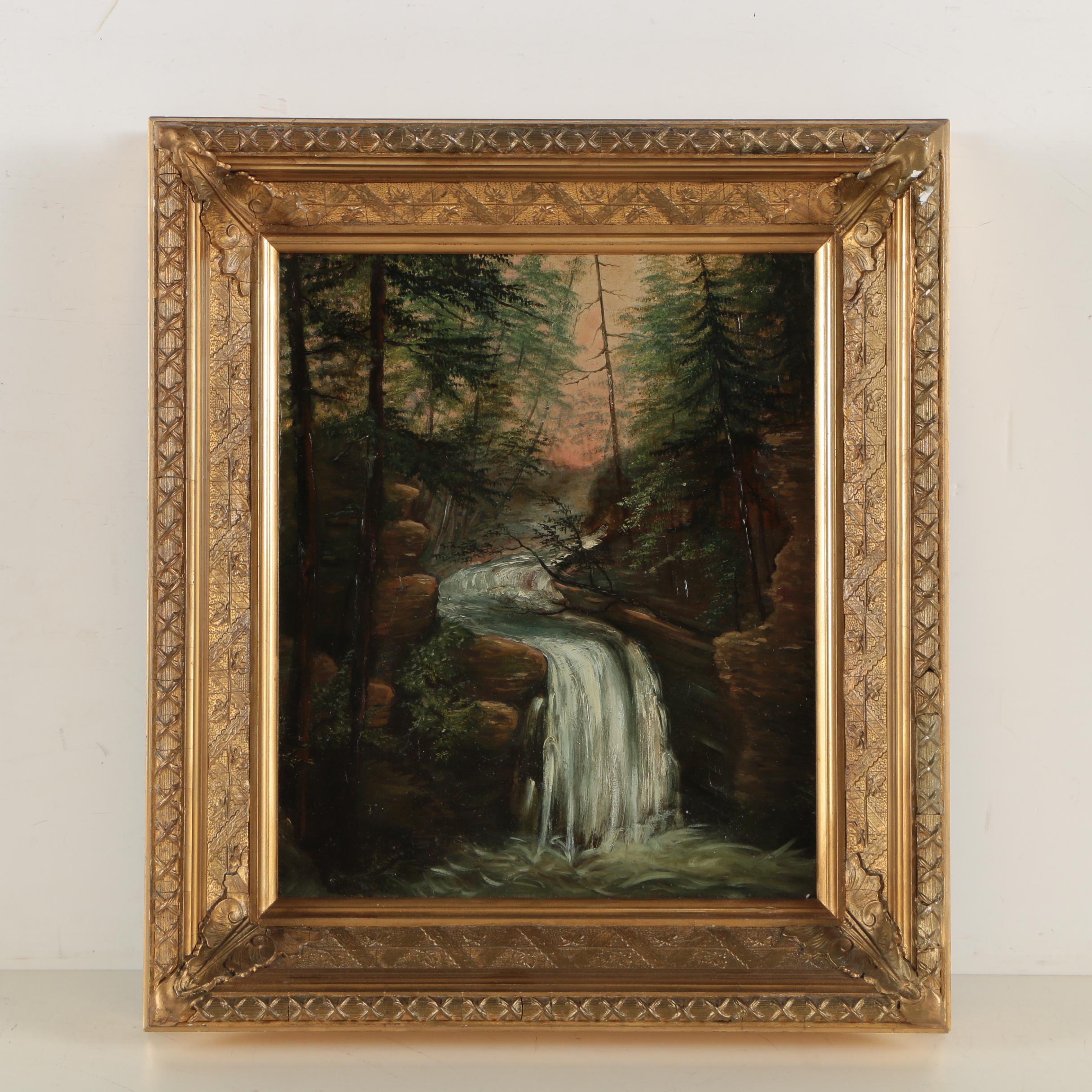 Early 20th Century Oil Painting of Wooded Landscape with Waterfall