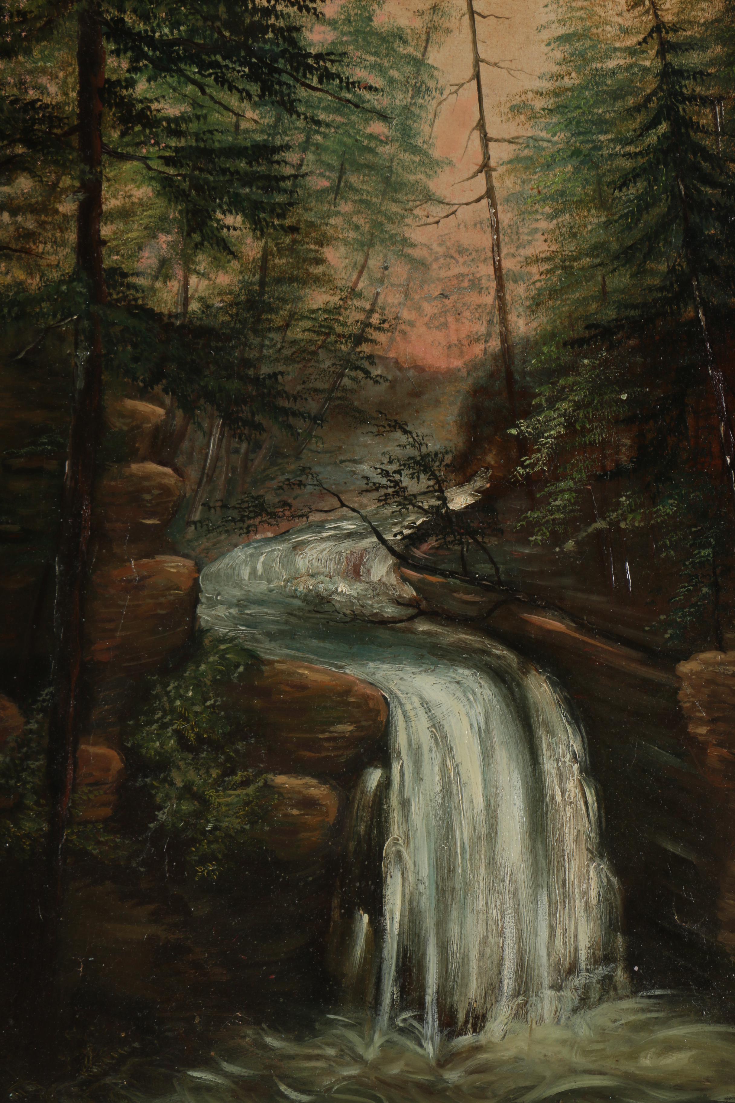 Early 20th Century Oil Painting of Wooded Landscape with Waterfall