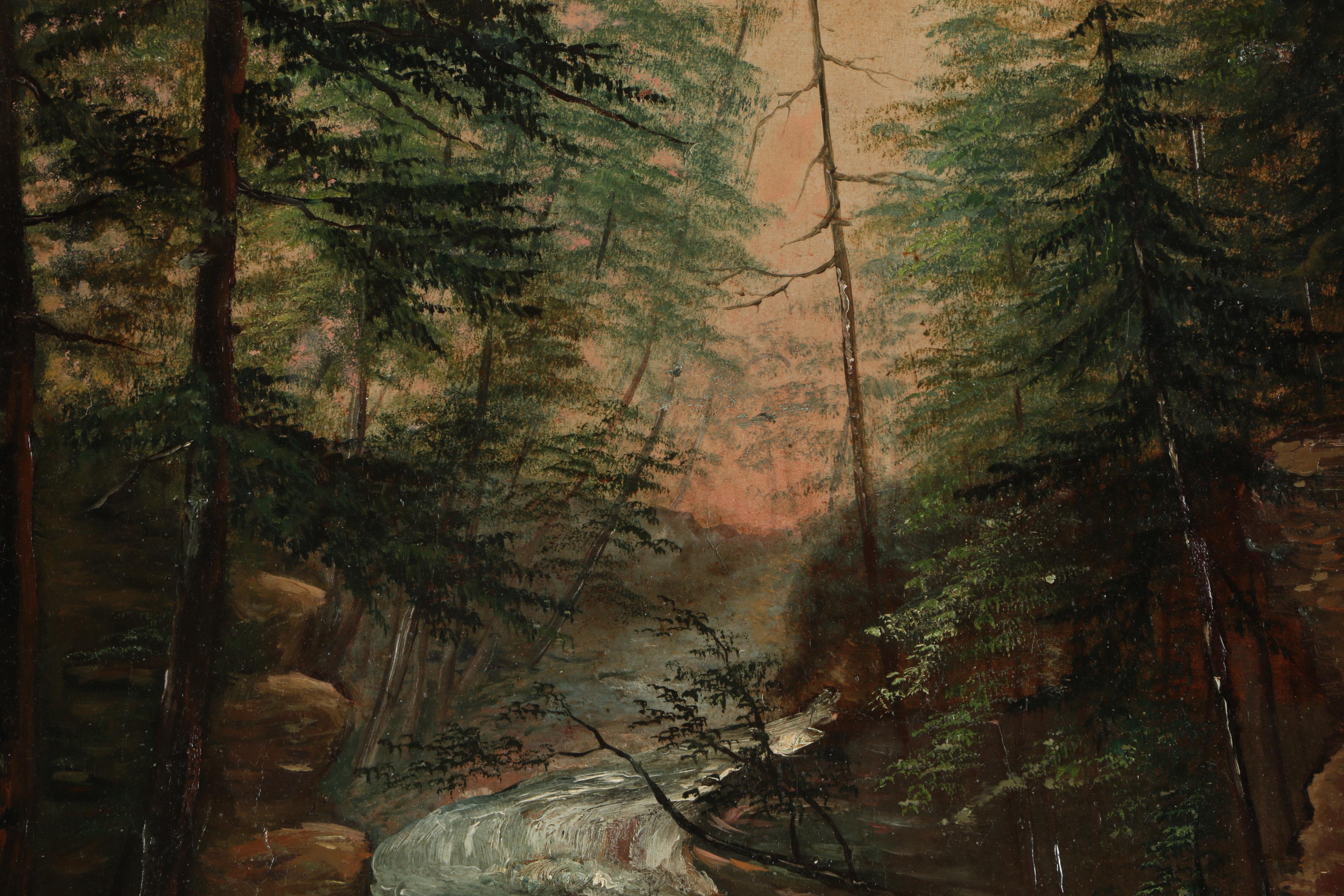Early 20th Century Oil Painting of Wooded Landscape with Waterfall