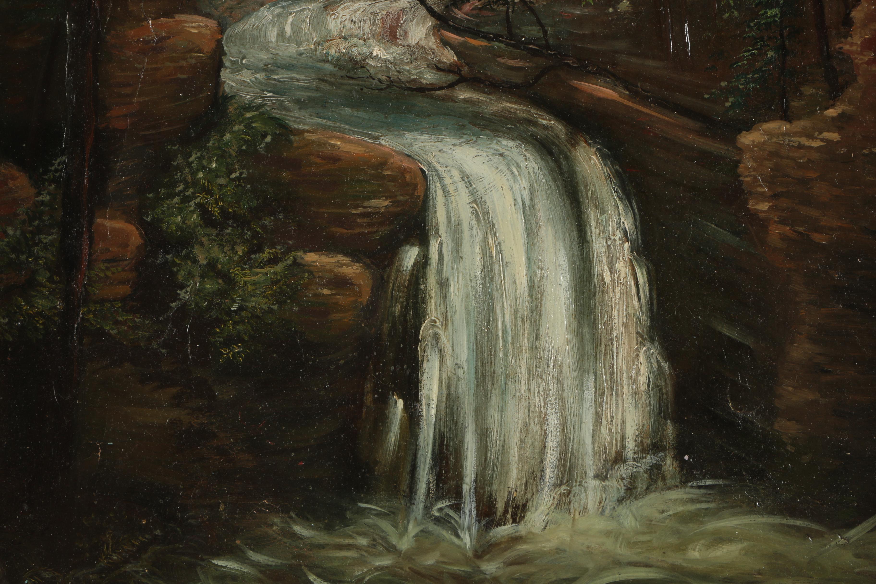 Early 20th Century Oil Painting of Wooded Landscape with Waterfall