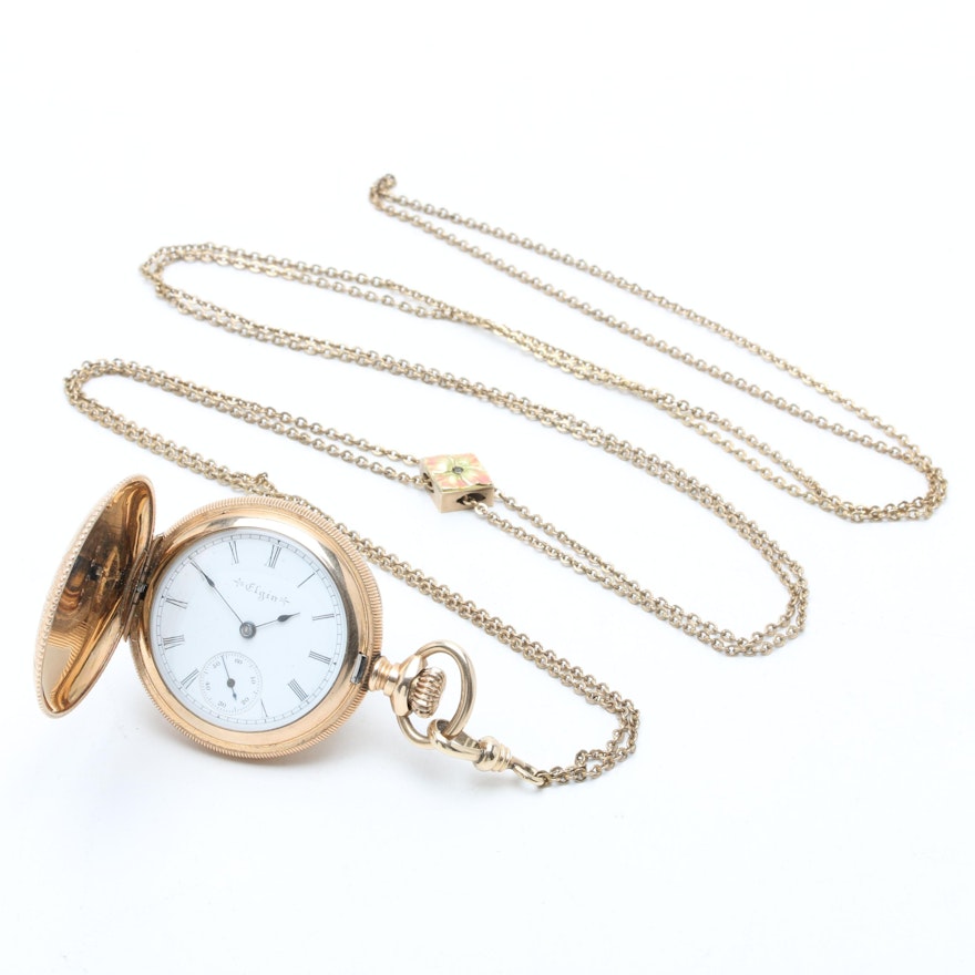 Antique Elgin Gold-Filled Pocket Watch with Fob Chain and 10K Gold Slide Charm