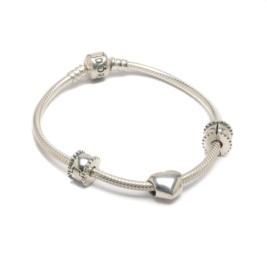 Pandora Sterling Silver Snake Bracelet with Heart Charm